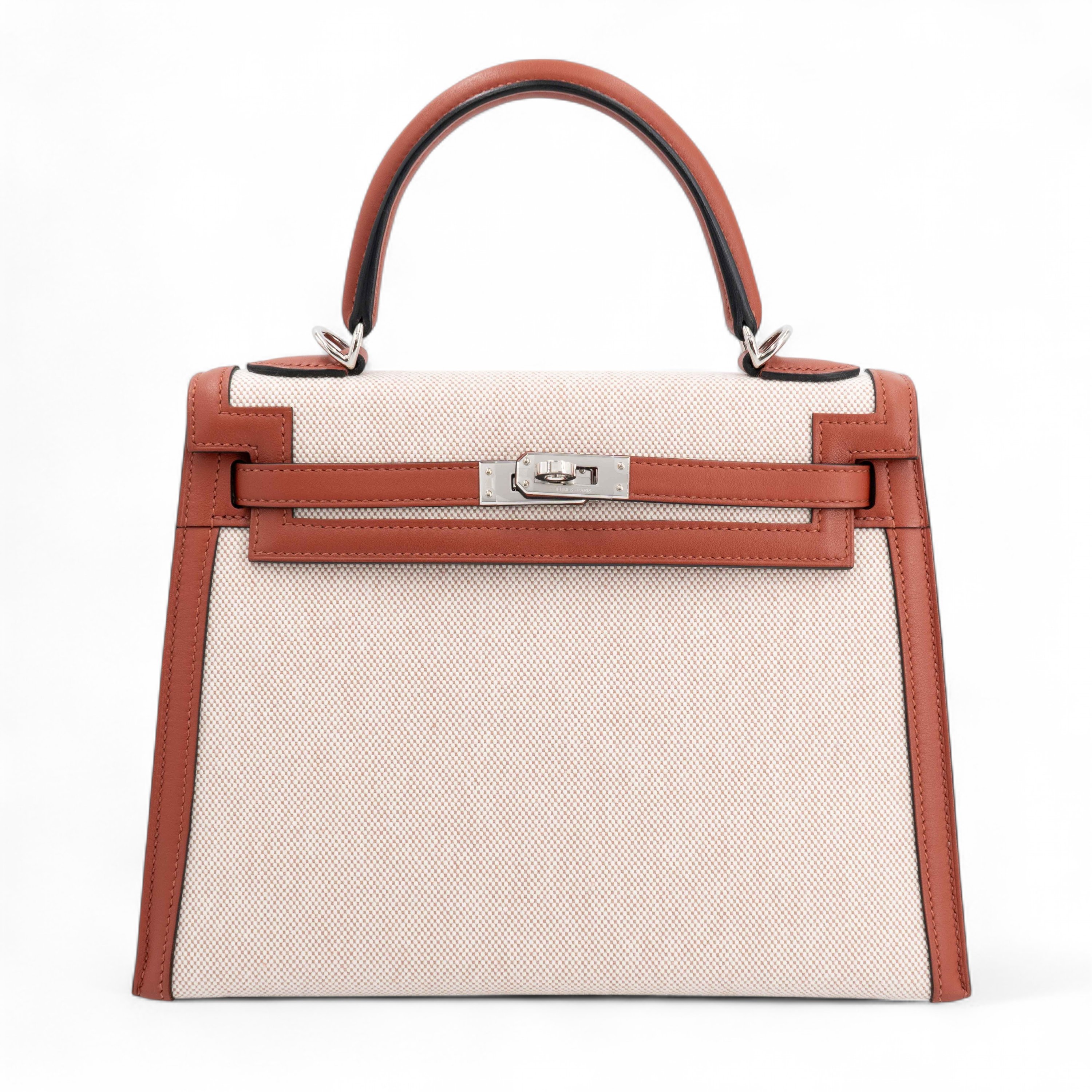 Very Good ( Rank A) HERMÈS Kelly 25 Sellier Cuivre (6C) Rose Texas (0E) Swift Toile H canvas Palladium hardware U (2022)