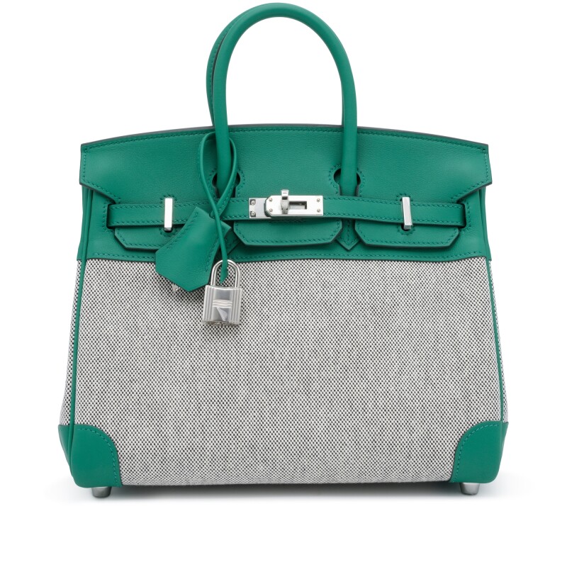 Hermes Vert Vertigo Swift and Ecru and Black Toile Verso Quadrille Birkin 25 Palladium Hardware,2024