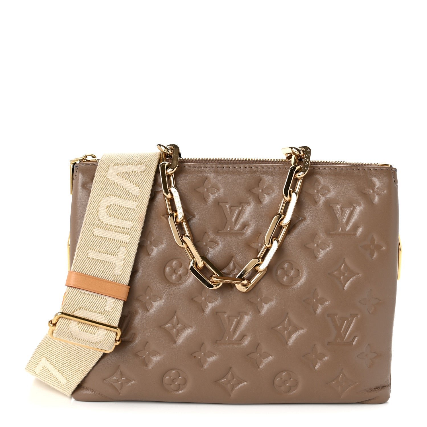 Louis Vuitton Lambskin Embossed Monogram Coussin PM Taupe