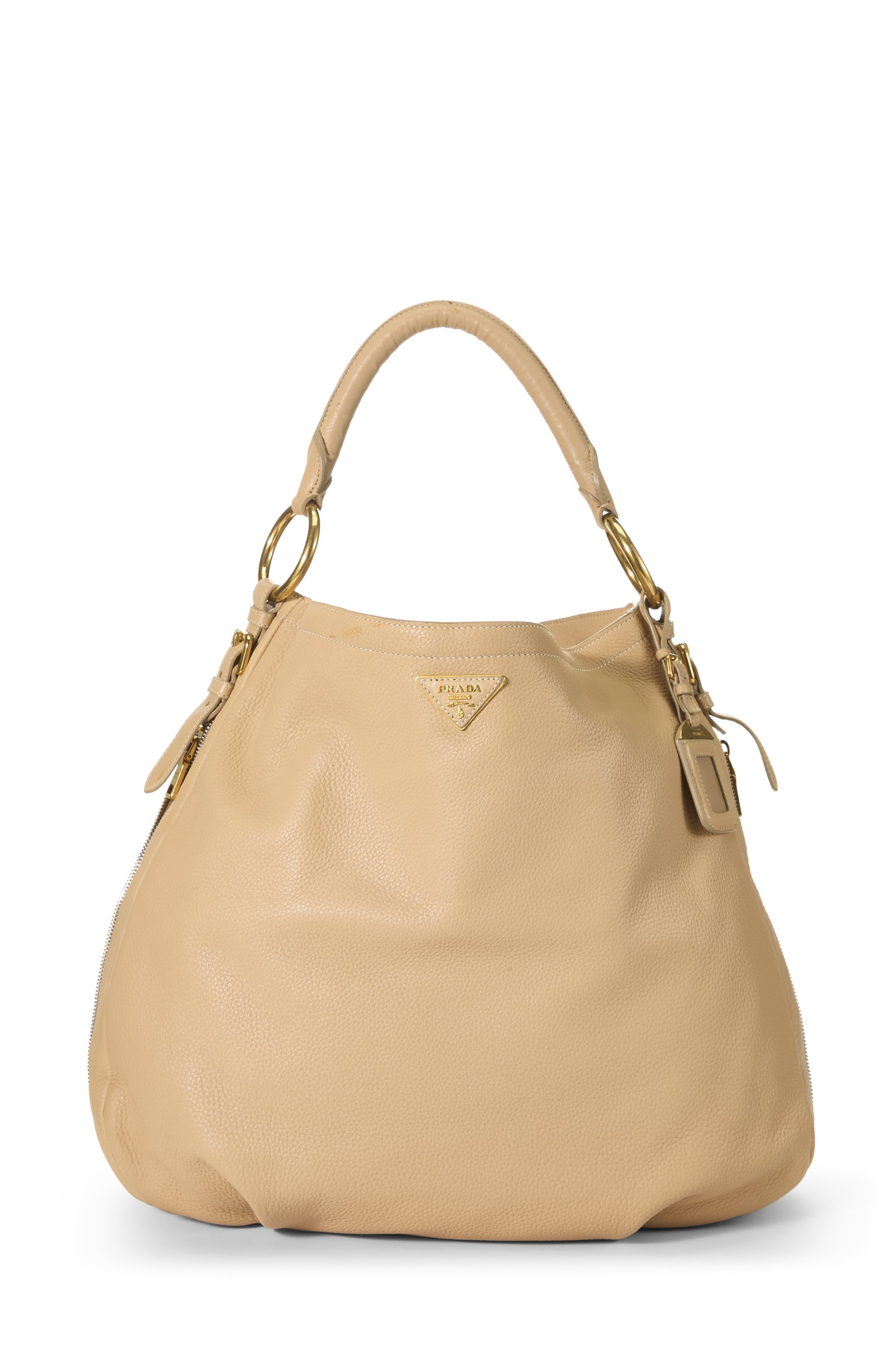 Beige Vitello Daino Side Zip Hobo