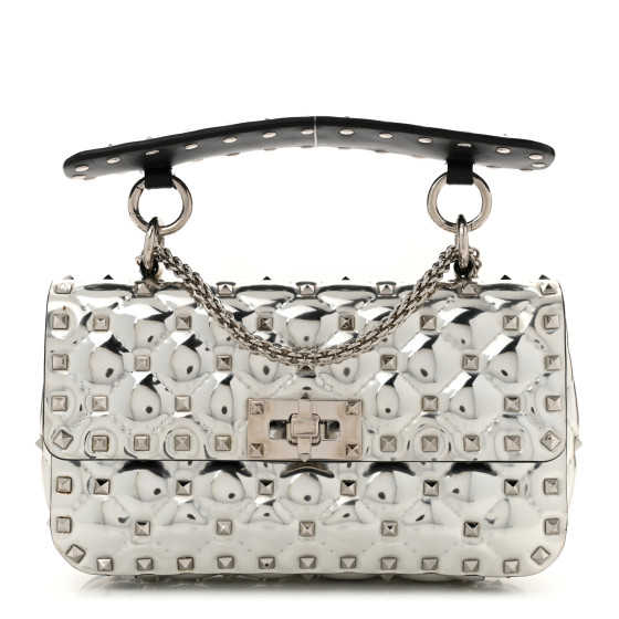 Valentino Garavani Metallic Patent Quilted Small Rockstud Spike Shoulder Bag Silver