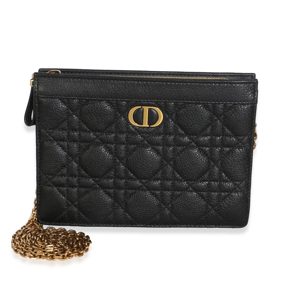 Black Calfskin Cannage Caro Zipped Pouch With Chain