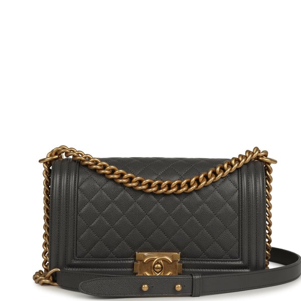 Chanel Medium Boy Bag Dark Grey Shiny Caviar Antique Gold Hardware