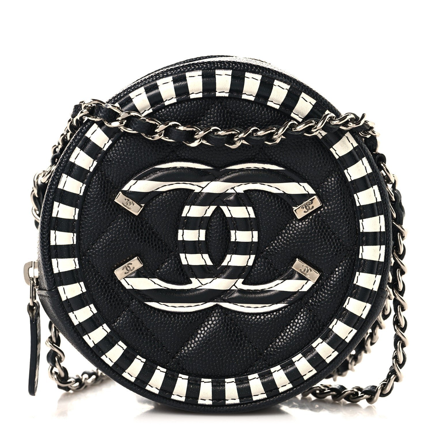 Chanel Caviar Quilted Filigree Round Clutch With Chain Black White