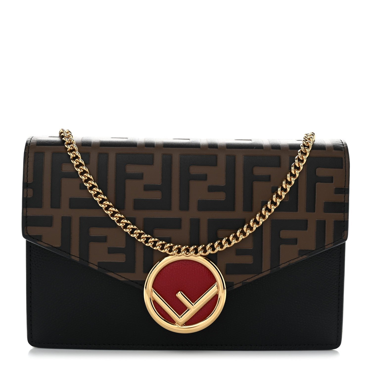 Fendi Fendi Vitello Cruise F is Fendi Bi-Color FF 1974 Embossed Medium Envelope Wallet On Chain Black Maya