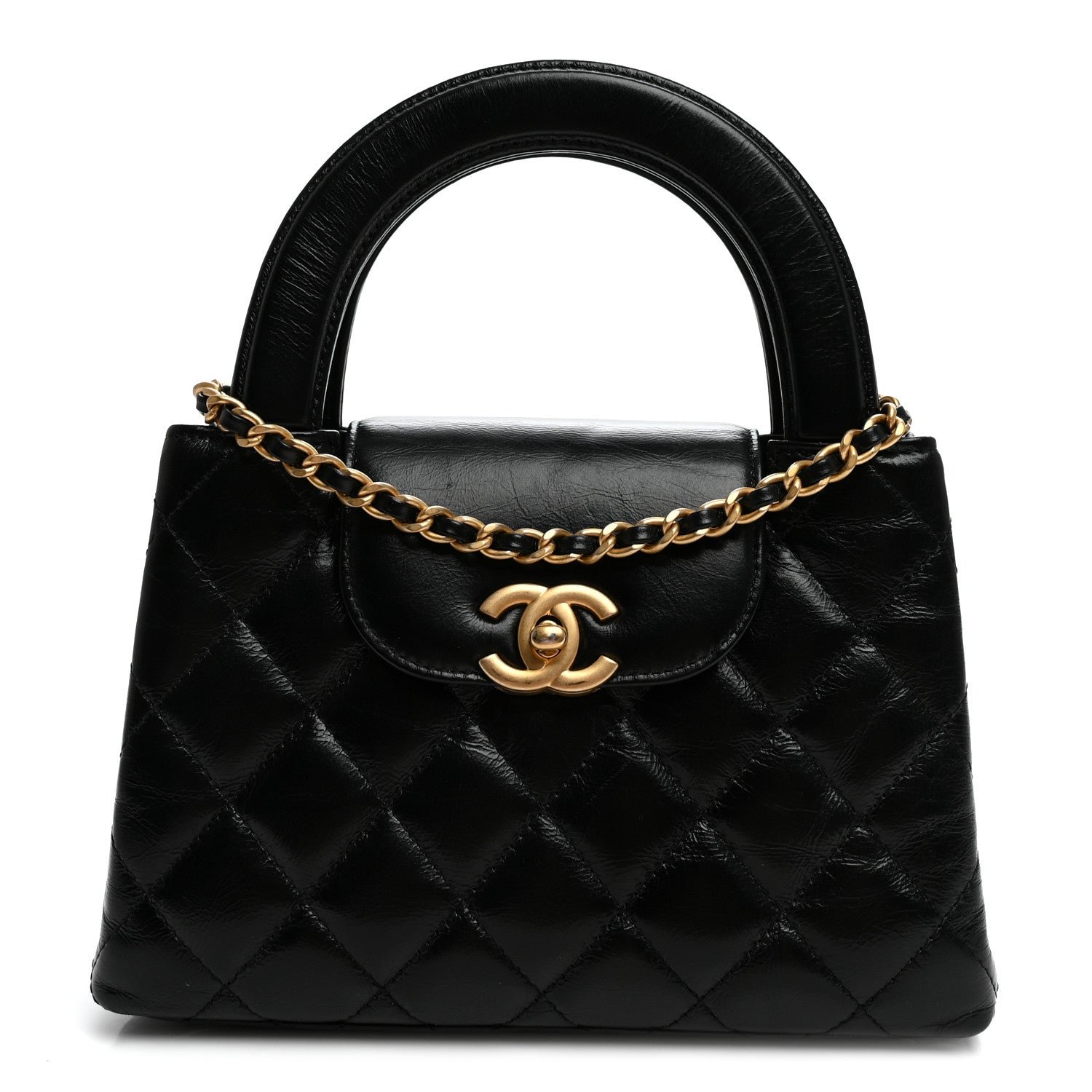 Chanel Shiny Aged Calfskin Quilted Nano Kelly Shopper Black