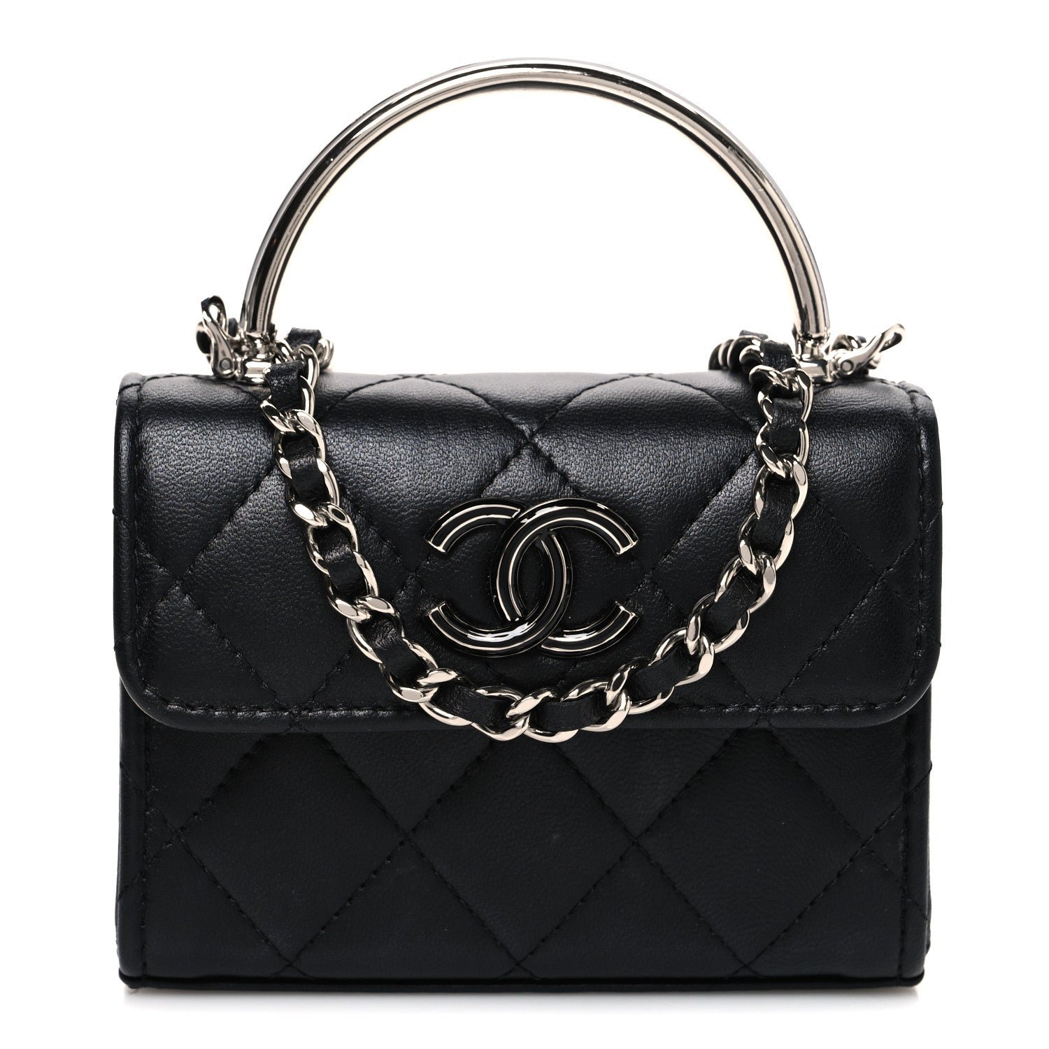 Chanel Lambskin Quilted Mini Metal Top Handle Flap Clutch With Chain  Black