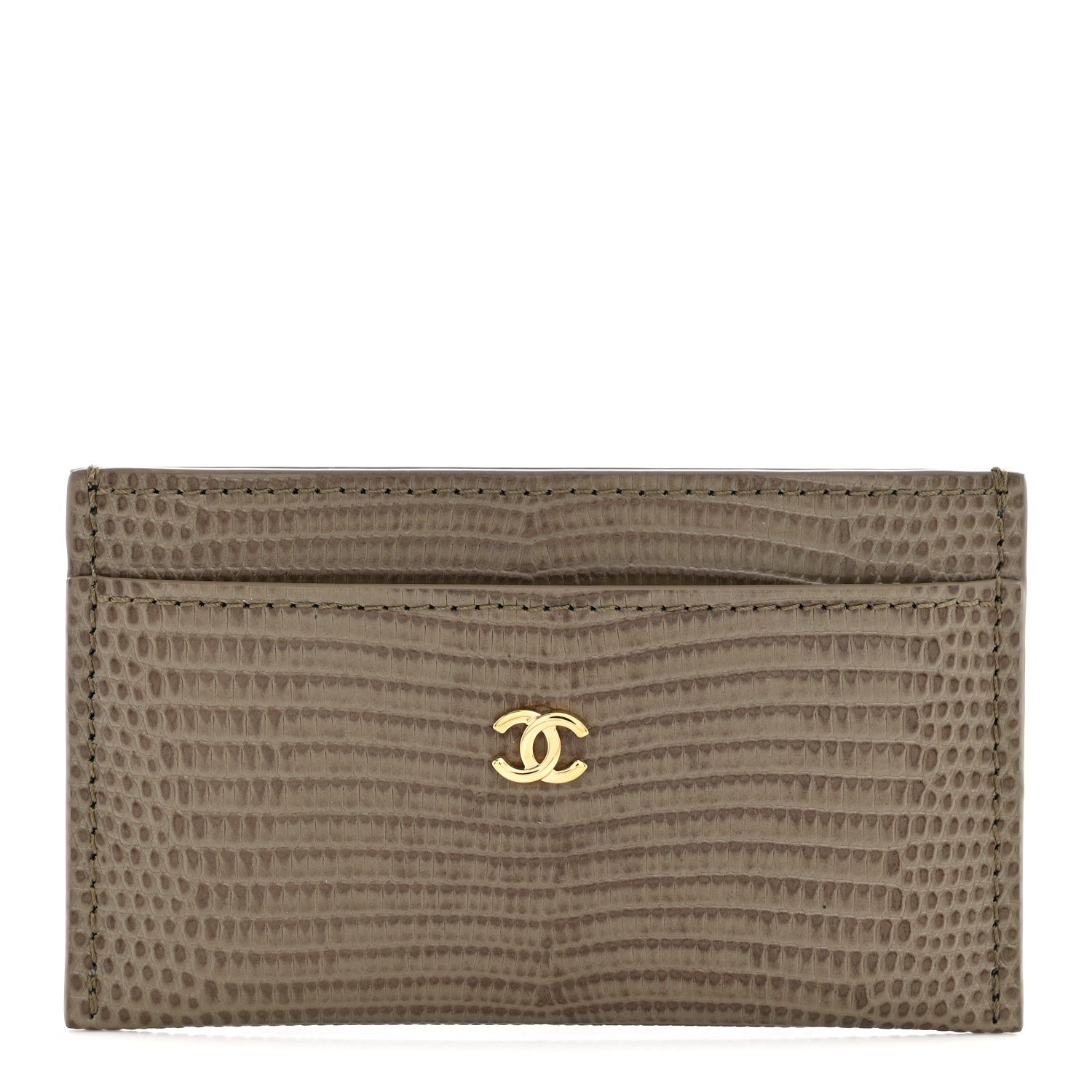 Chanel Calfskin Lizard Embossed Card Holder Gold Dark Khaki