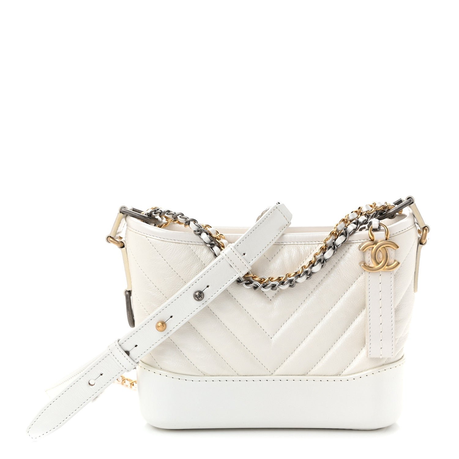 Chanel Iridescent Aged Calfskin Chevron Quilted Small Gabrielle Hobo White