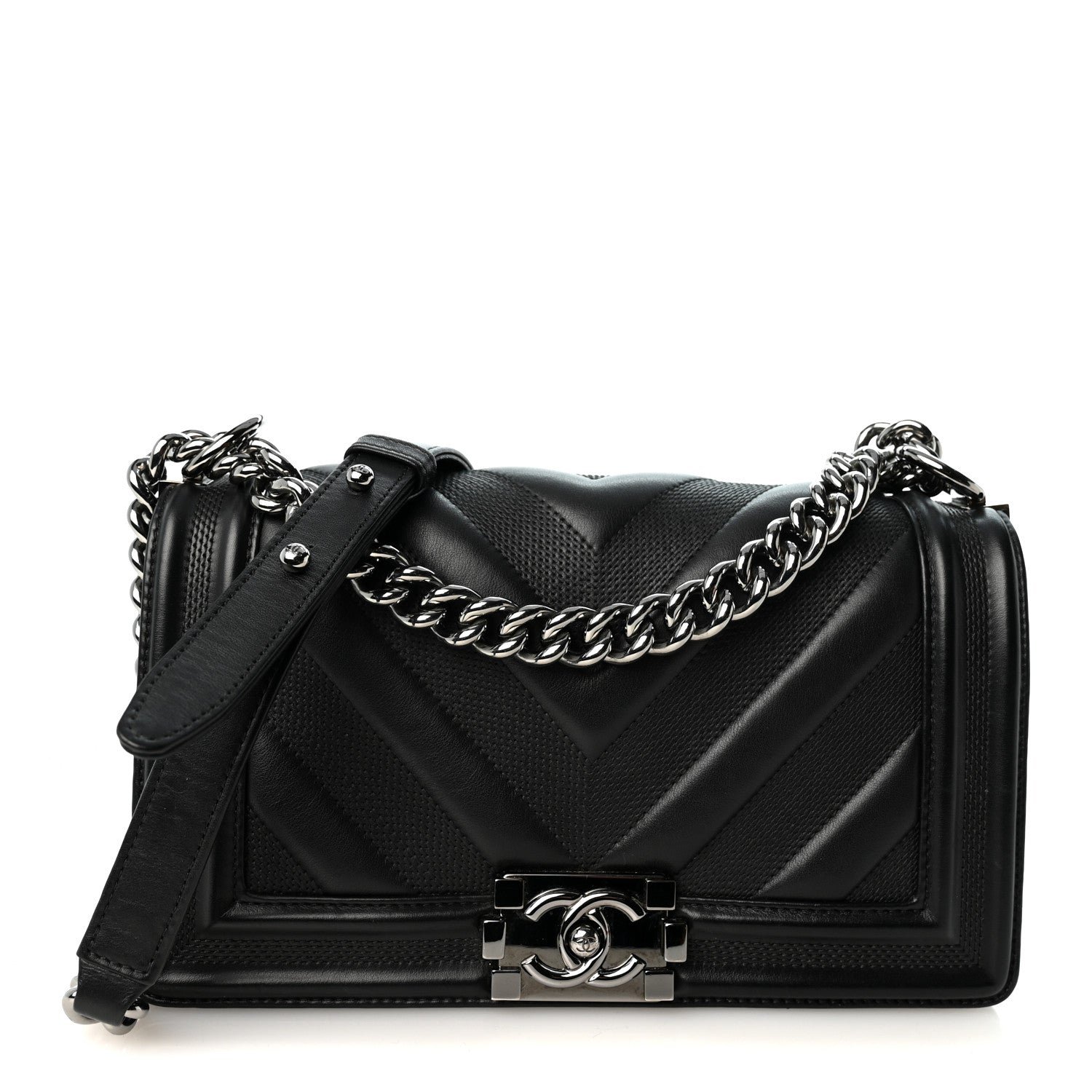 Chanel Calfskin Perforated Chevron Quilted Medium Boy Flap Black