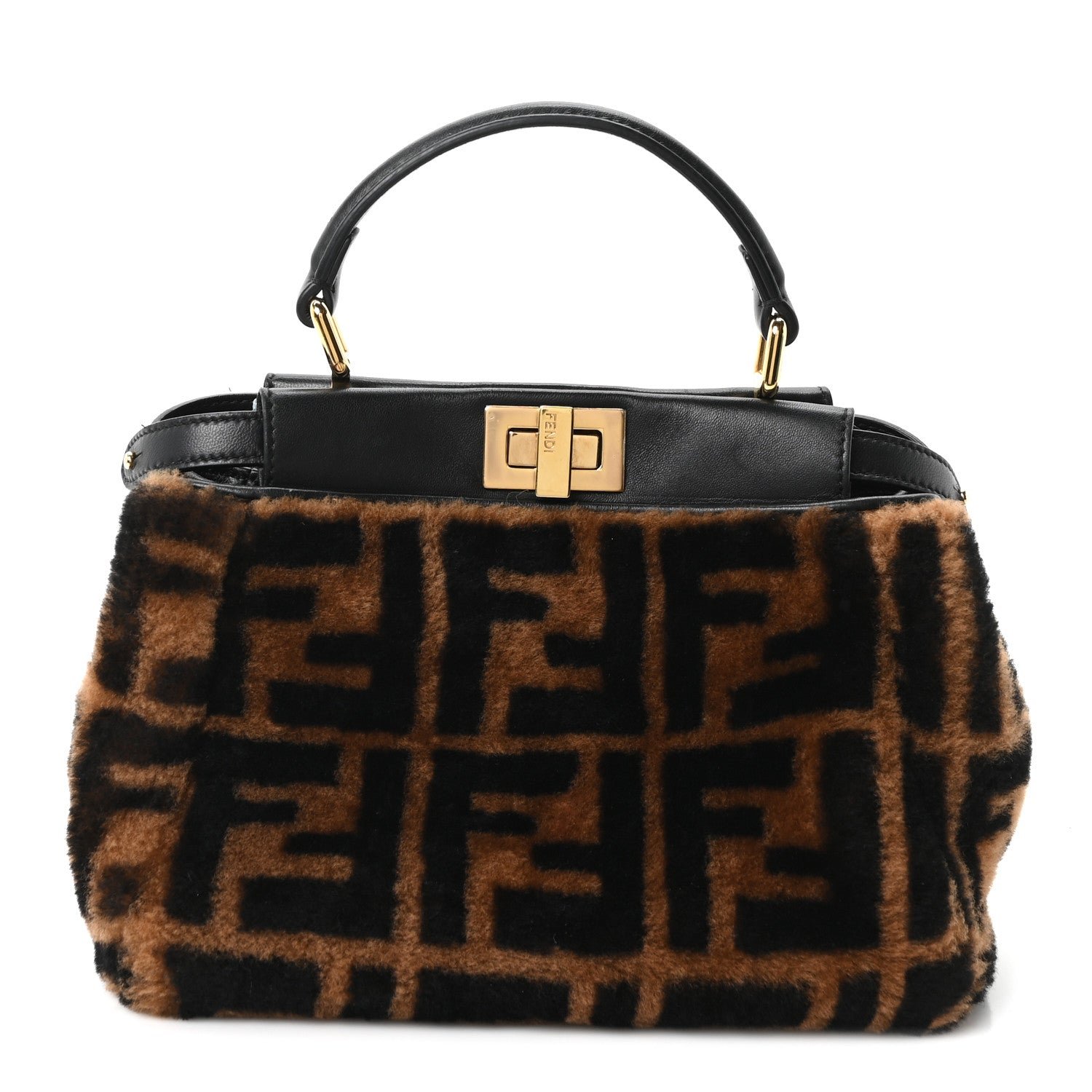 Fendi Shearling Nappa Macro FF 1974 Mini Peekaboo Iconic Satchel Tobacco Black
