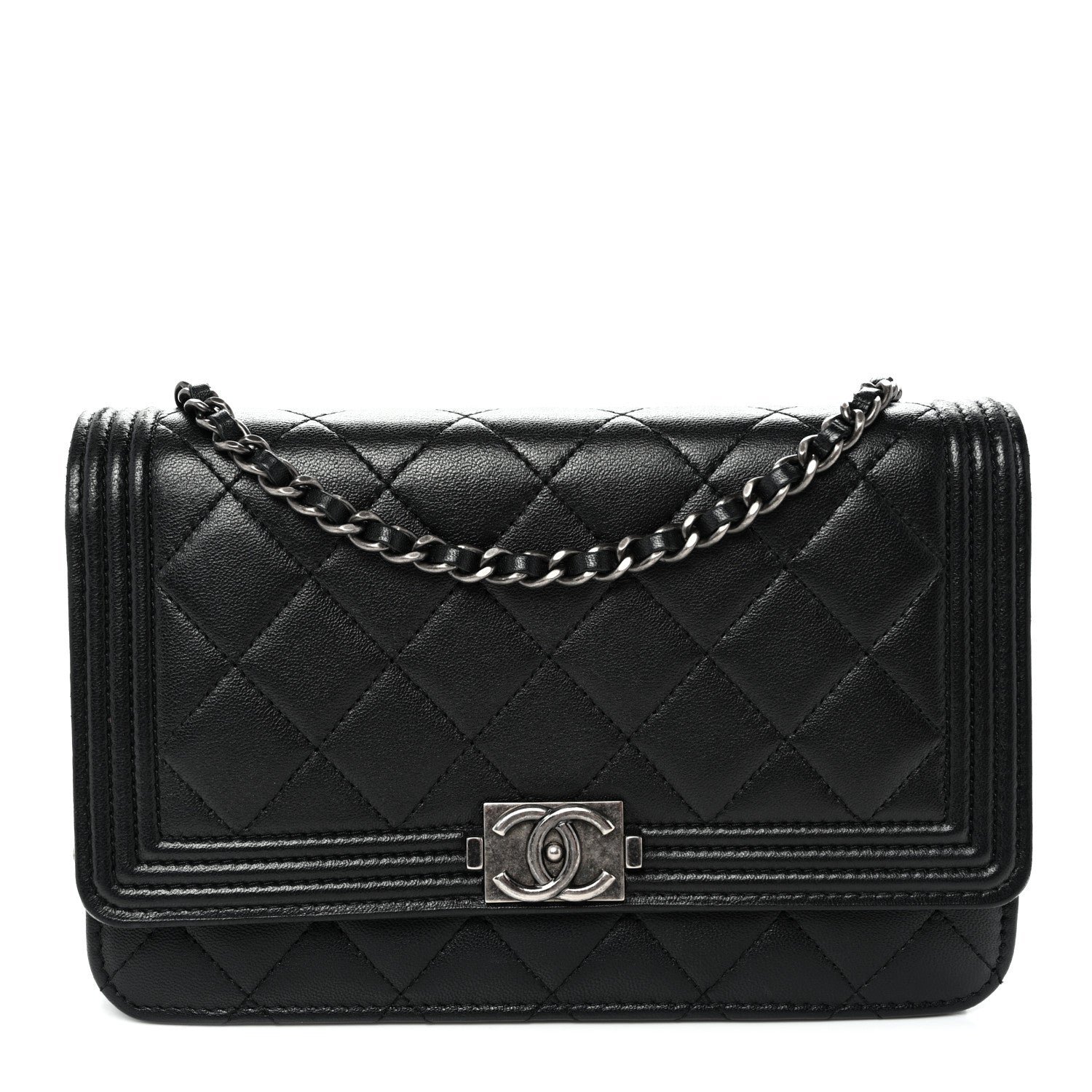 Chanel Lambskin Quilted Boy Wallet On Chain WOC Black