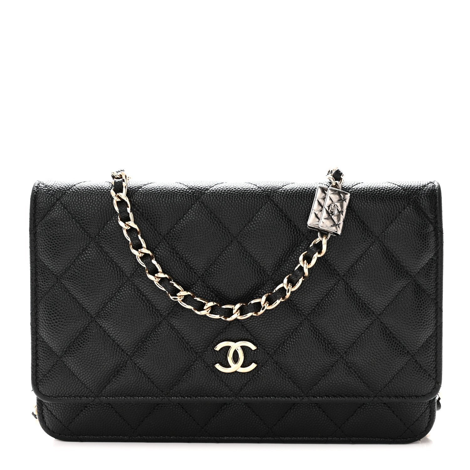 Chanel Caviar Quilted Wallet With Charms On Chain WOC Black