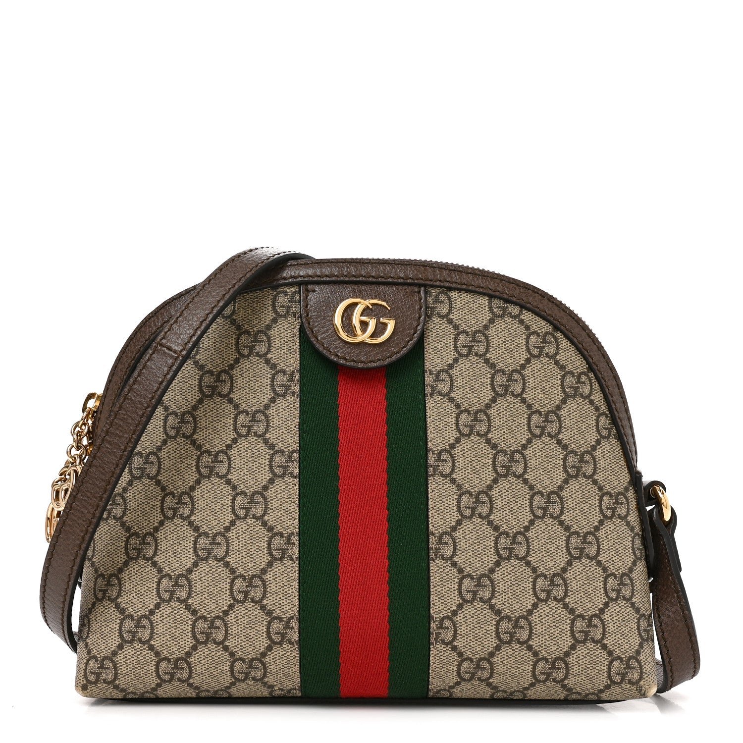 Gucci GG Supreme Monogram Textured Dollar Calfskin Web Small Ophidia Dome Shoulder Bag Beige Ebony New Acero