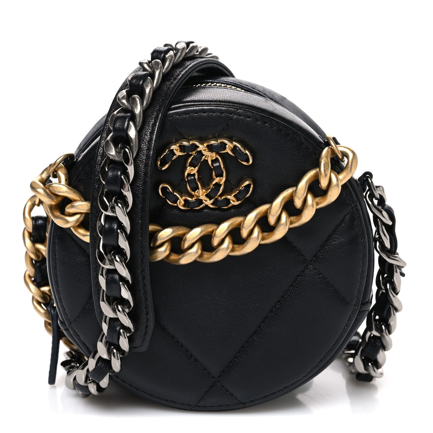 Chanel Lambskin Quilted Chanel 19 Round Clutch With Chain Black