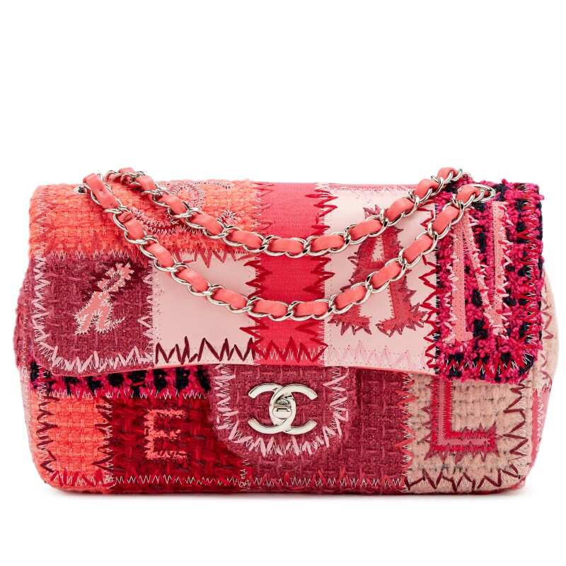 Pink Tweed, Caviar, and Calfskin Patchwork Medium Classic Single Flap Bag Silver Hardware, 2016