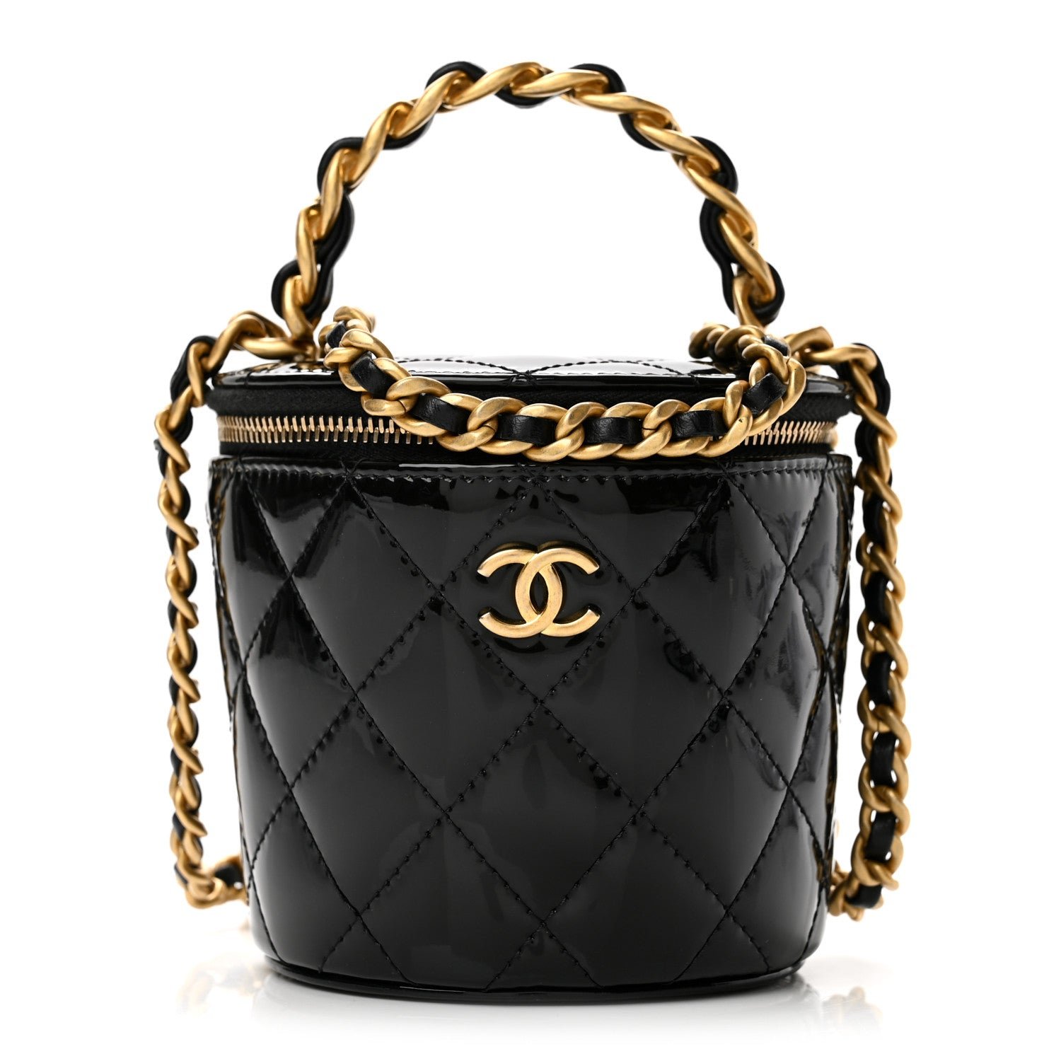 Chanel Patent Quilted Afternoon Tea Top Handle Vanity Case With Chain Black