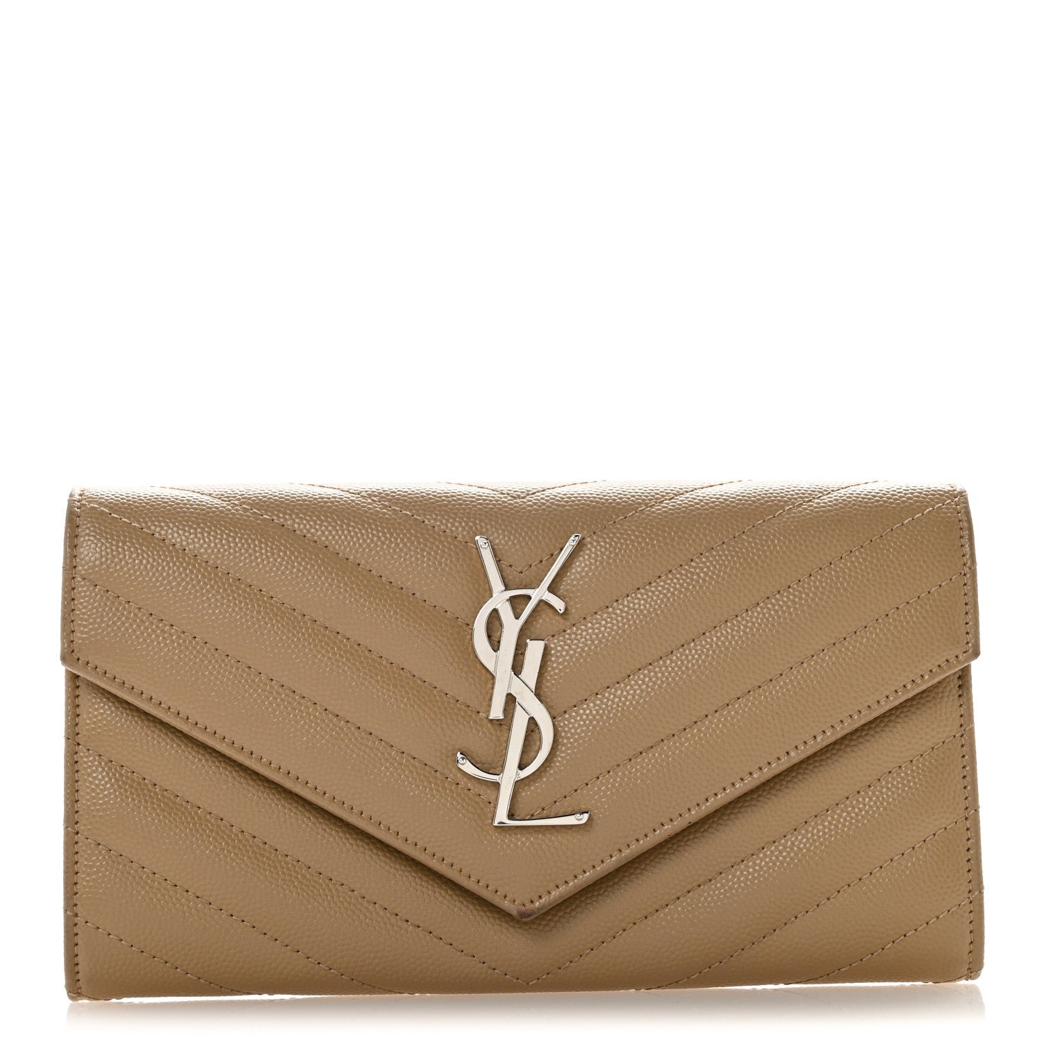 Saint Laurent Grain De Poudre Matelasse Chevron Monogram Flap Wallet Dark Beige