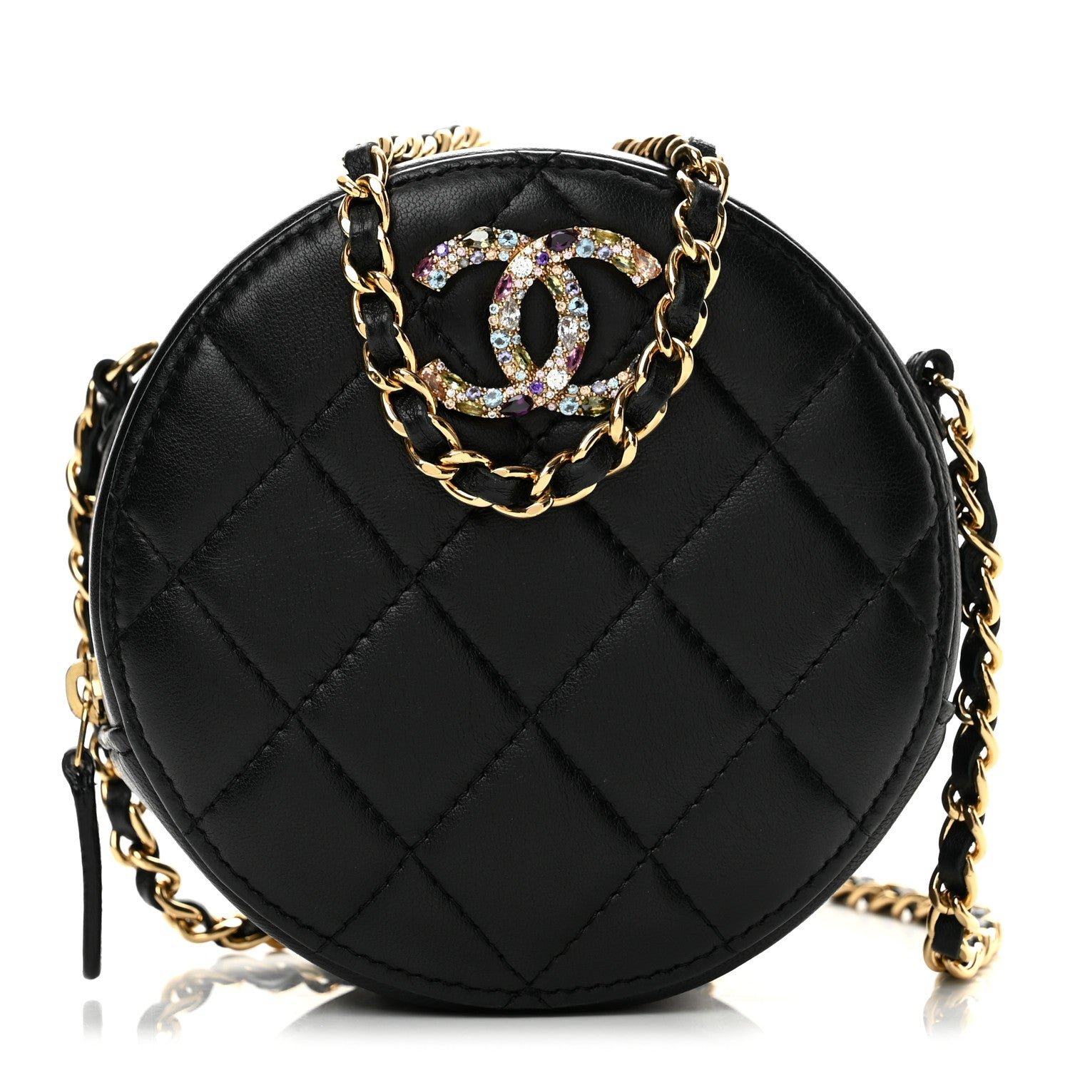 Chanel Lambskin Quilted Zirconium Round Clutch With Chain Black