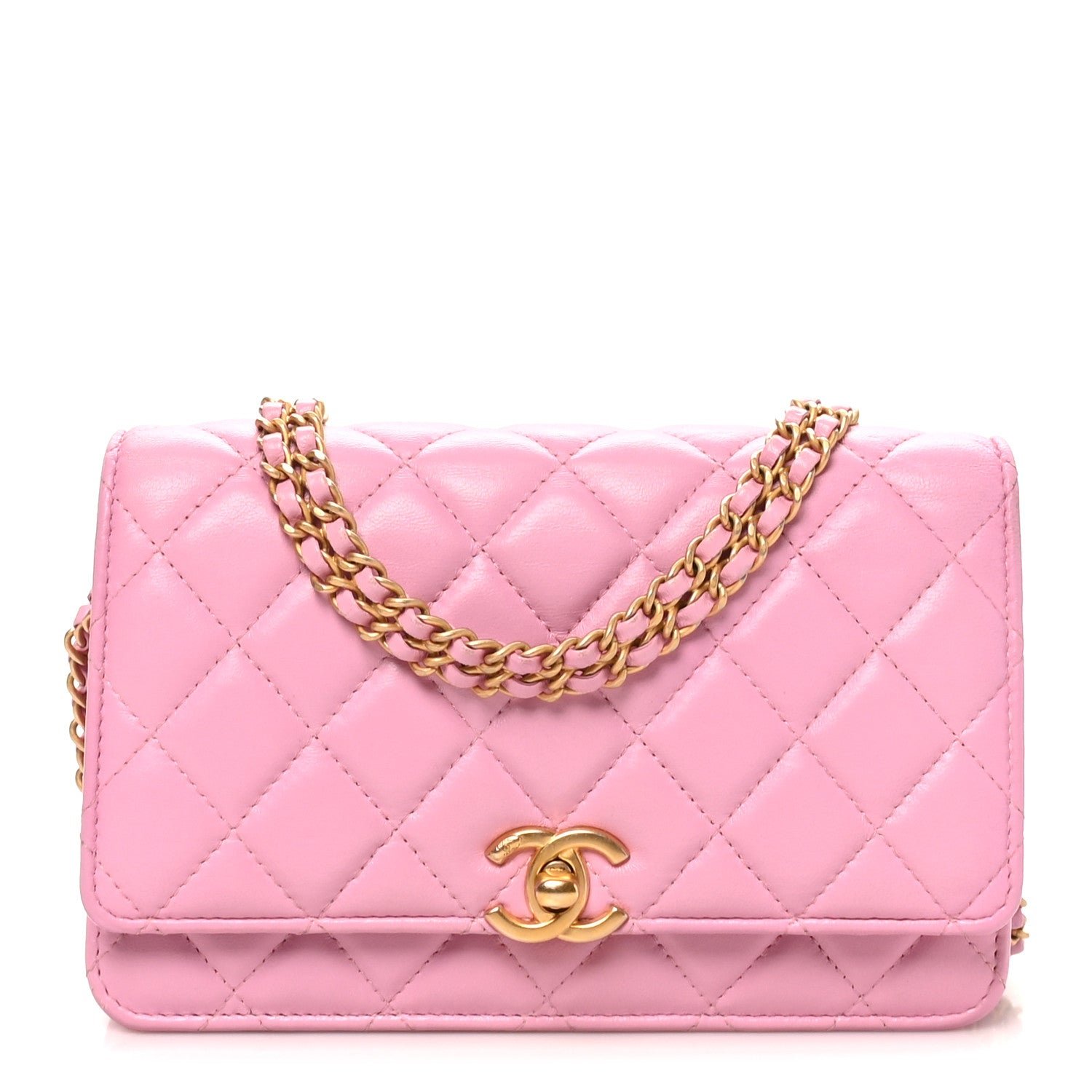 Chanel Lambskin Quilted Secret CC Wallet On Chain WOC Pink
