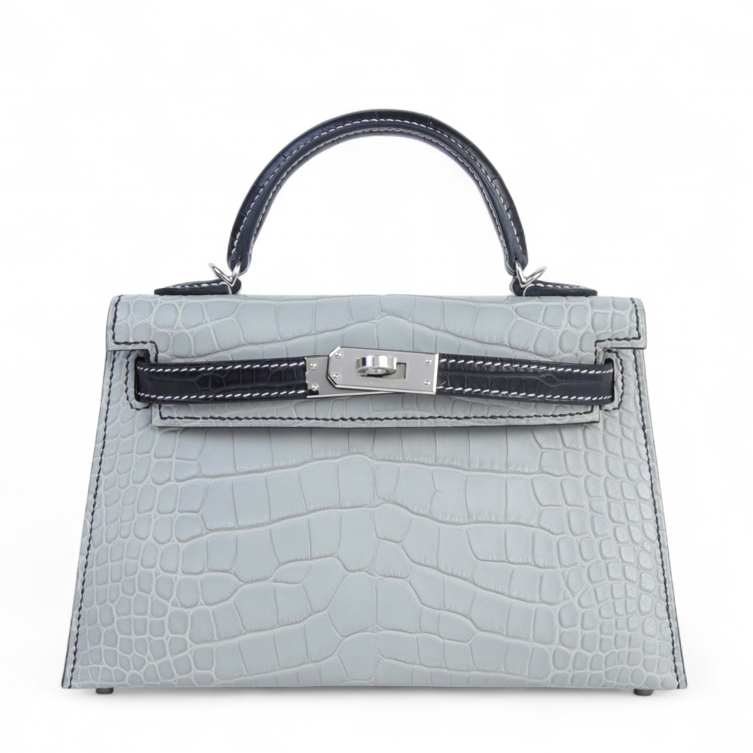 Unused ( Rank NS ) HERMÈS Special Order Mini Kelly II Noir (89) Gris Perle (80) Matte Alligator Palladium hardware W (2024)