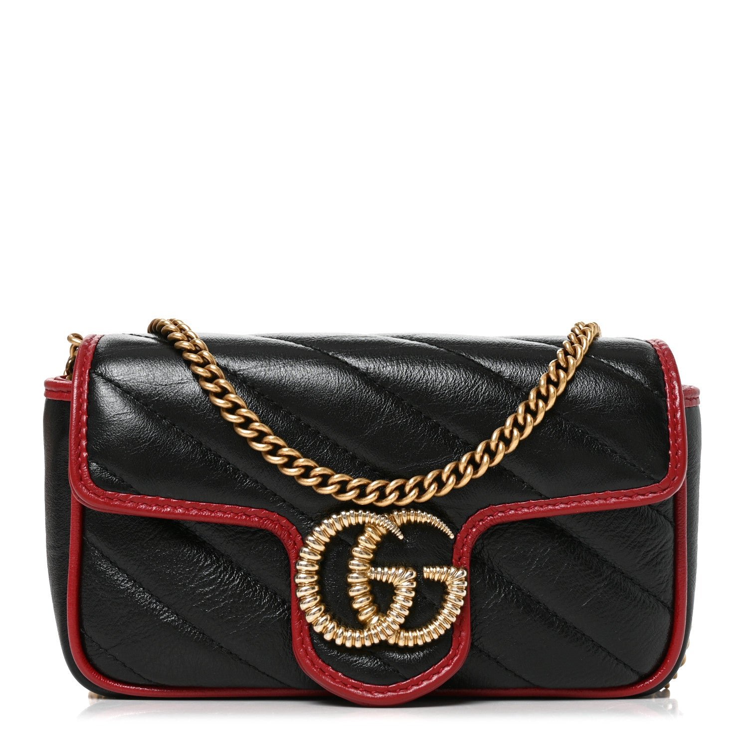 Gucci Vintage Effect Calfskin Matelasse Diagonal Super Mini Torchon GG Marmont Shoulder Bag Black Romantic Cherry