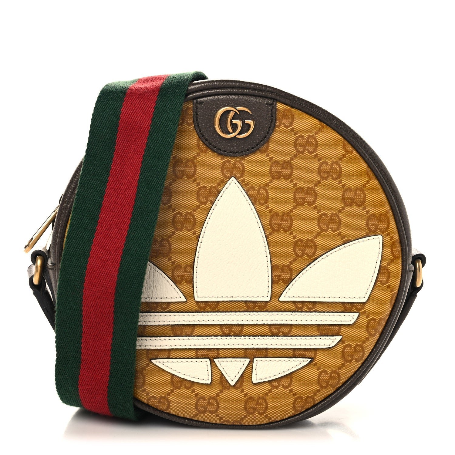 Gucci X ADIDAS Crystal Vintage Monogram Textured Dollar Calfskin Web Trefoil Small Ophidia Round Shoulder Bag Mid Natural Nut Off White New Acero