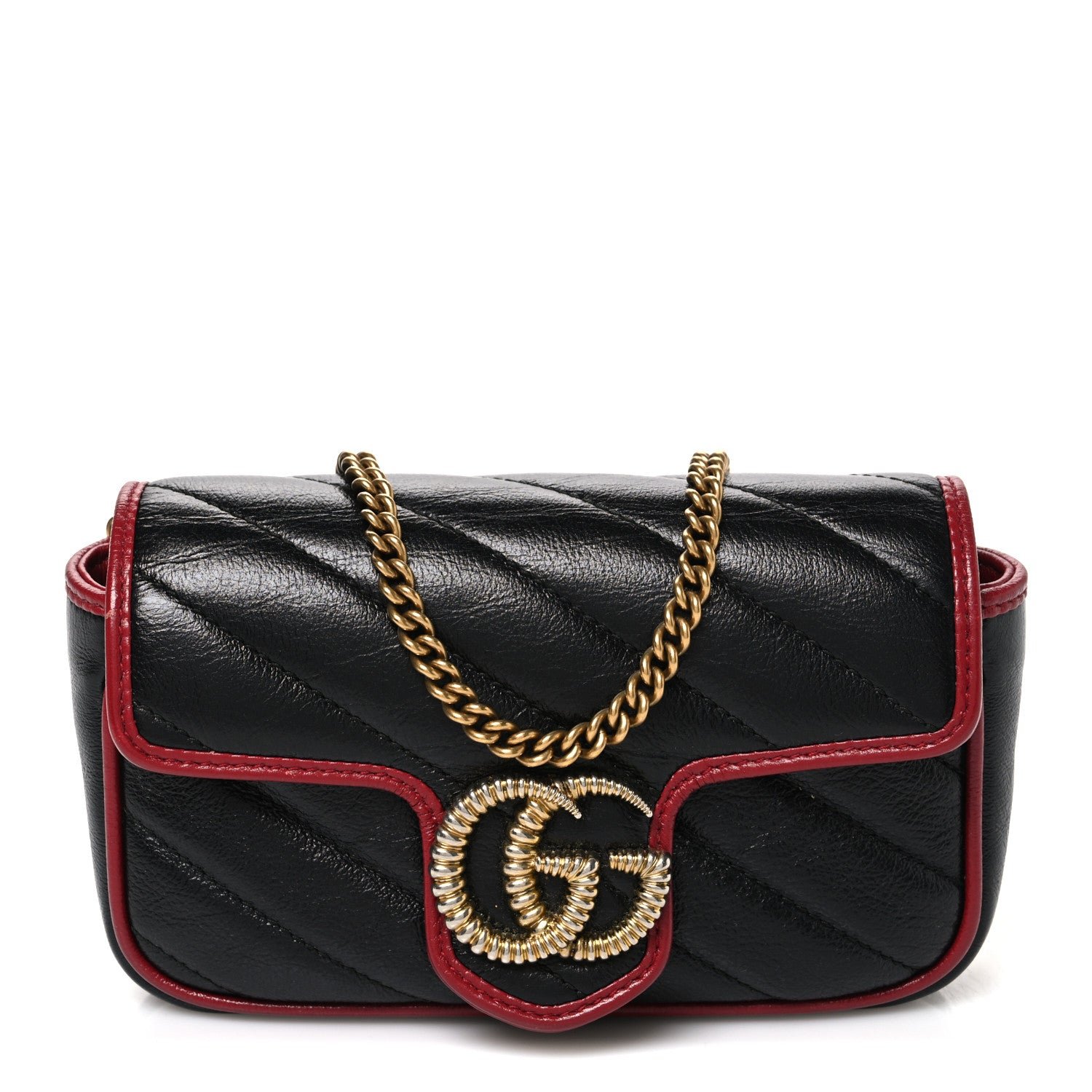 Gucci Vintage Effect Calfskin Matelasse Diagonal Super Mini Torchon GG Marmont Shoulder Bag Black Romantic Cherry