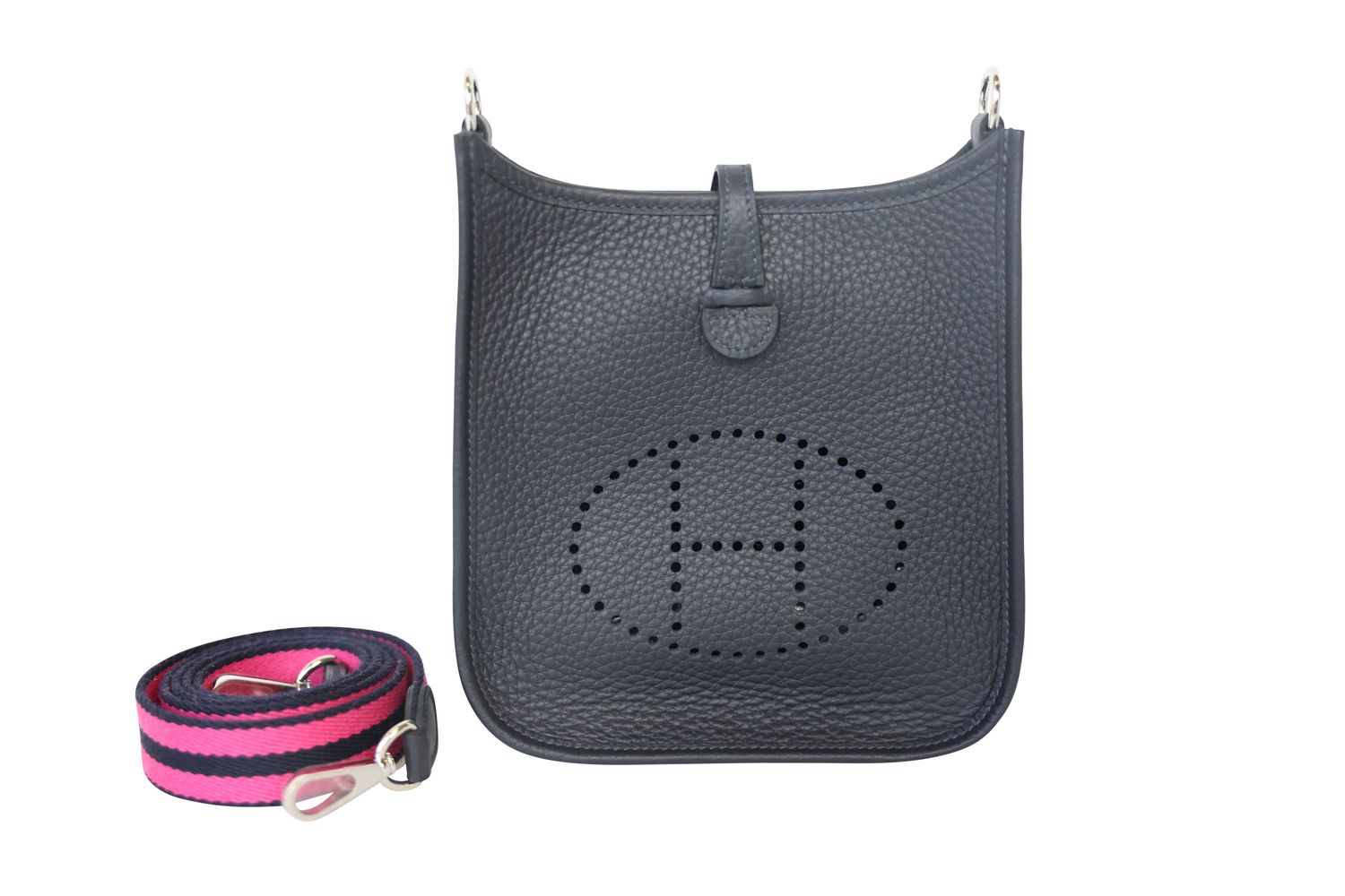 Hermes Hermes Evelyne TPM, Caban Taurillon Clemence Leather with Rose Shocking and Bleu Indigo Strap with Palladium Hardware, W 2024 Stamp, New in Box WA001
