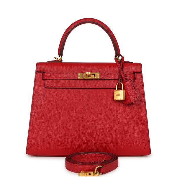 Pre-owned Hermes Special Order (HSS) Kelly Sellier 25 Rouge Casaque Verso Epsom Gold Hardware