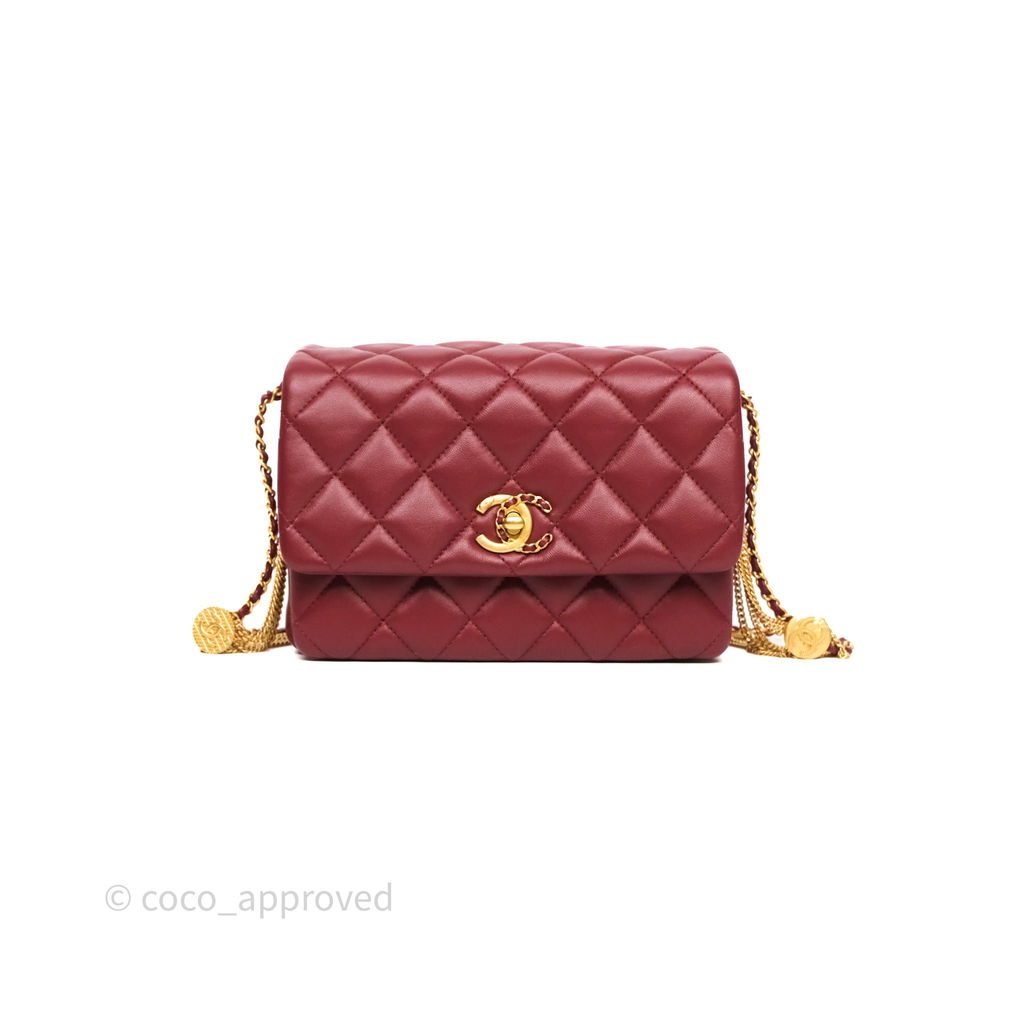 Chanel Quilted Accordion Flap Bag with Button on Chain Burgundy Lambskin Aged Gold Hardware 22A