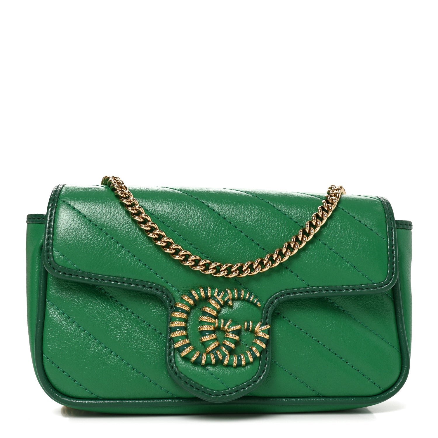 Gucci Azalea Calfskin Enamel Matelasse Diagonal Super Mini Torchon GG Marmont Shoulder Bag New Shamarock Emerald