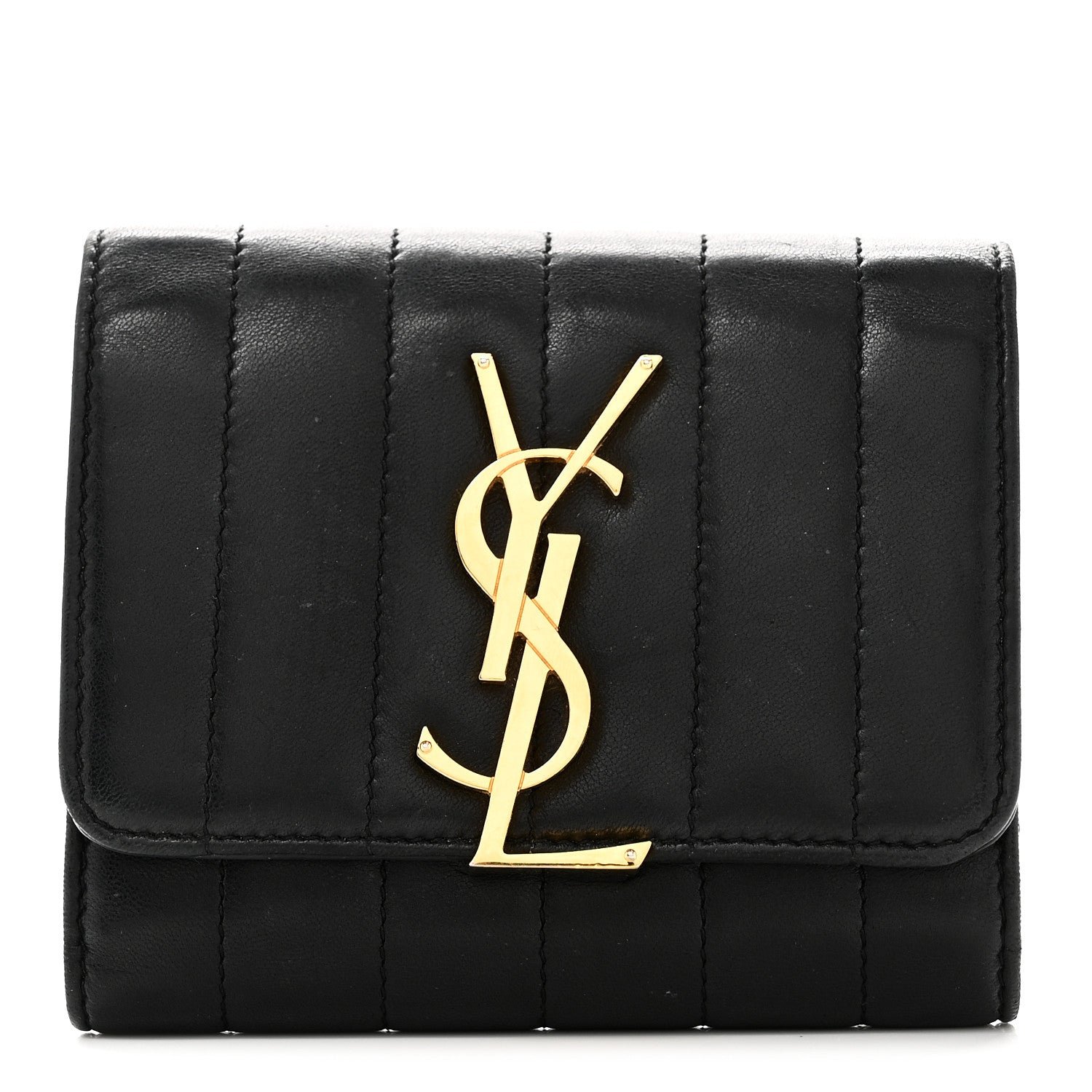 Saint Laurent Lambskin Matelasse Monogram Vicky Tri-Fold Wallet Black