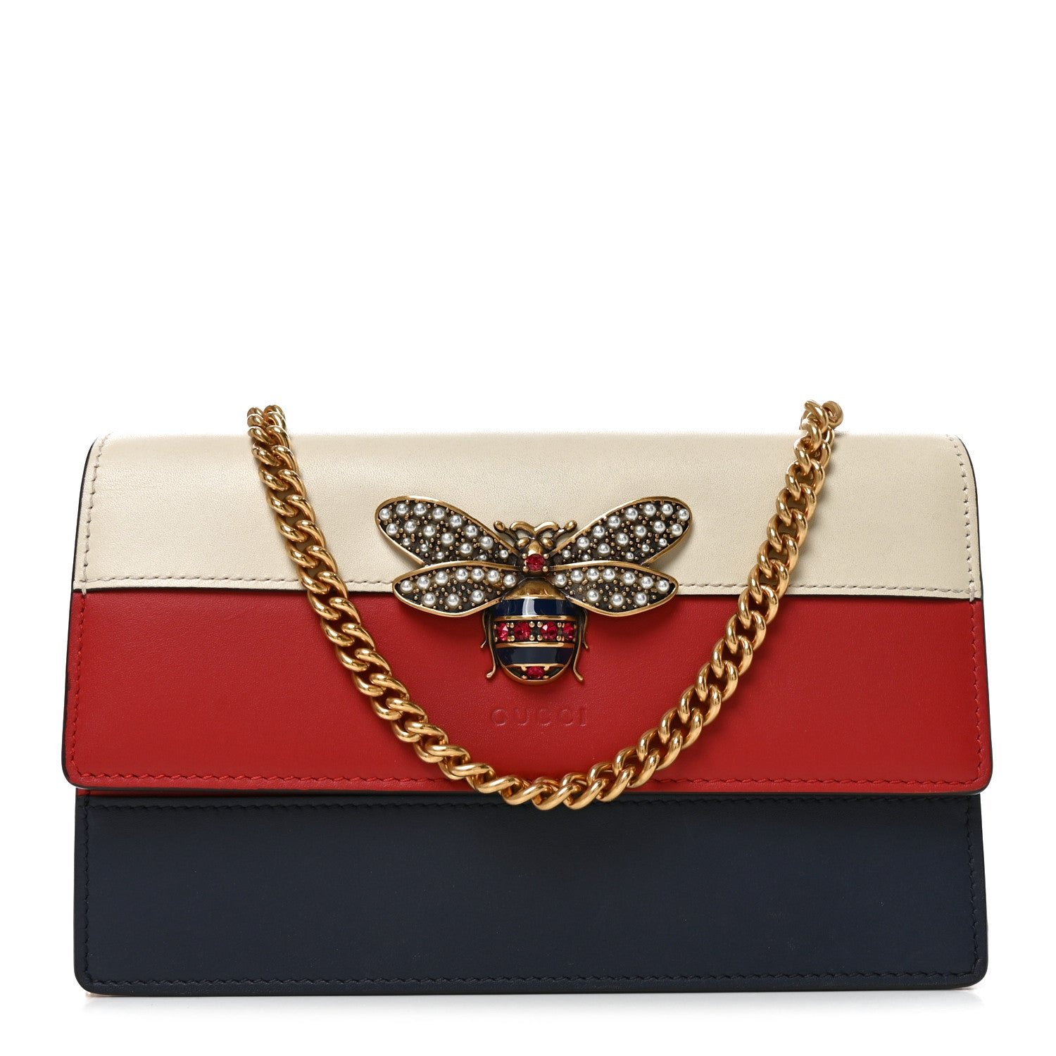 Gucci Calfskin Queen Margaret Chain Wallet Blue Agata Hibiscus Red Mystic White