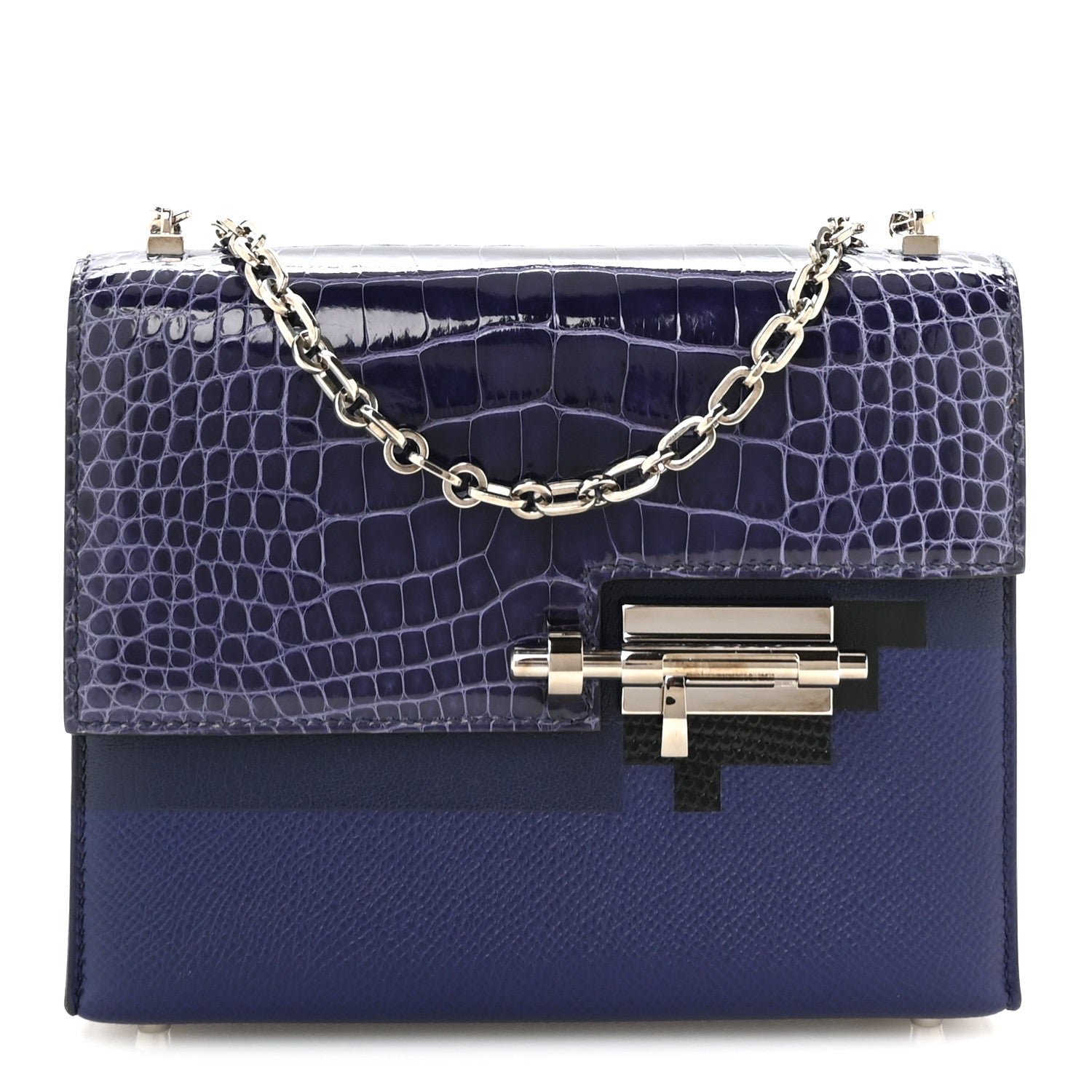 Hermes Epsom Shiny Alligator Mini Verrou Chaine Bag Bleu Encre Black