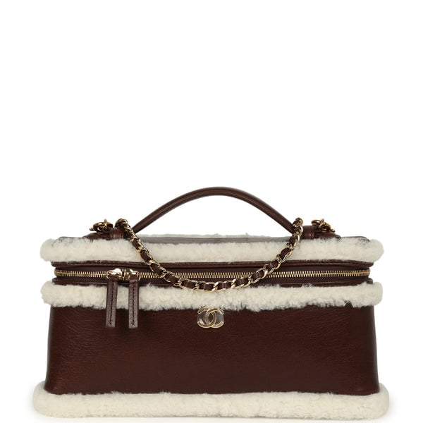 Chanel Top Handle Long Vanity Case with Chain Dark Brown Aged Calfskin, Ecru Shearling Gold Hardware