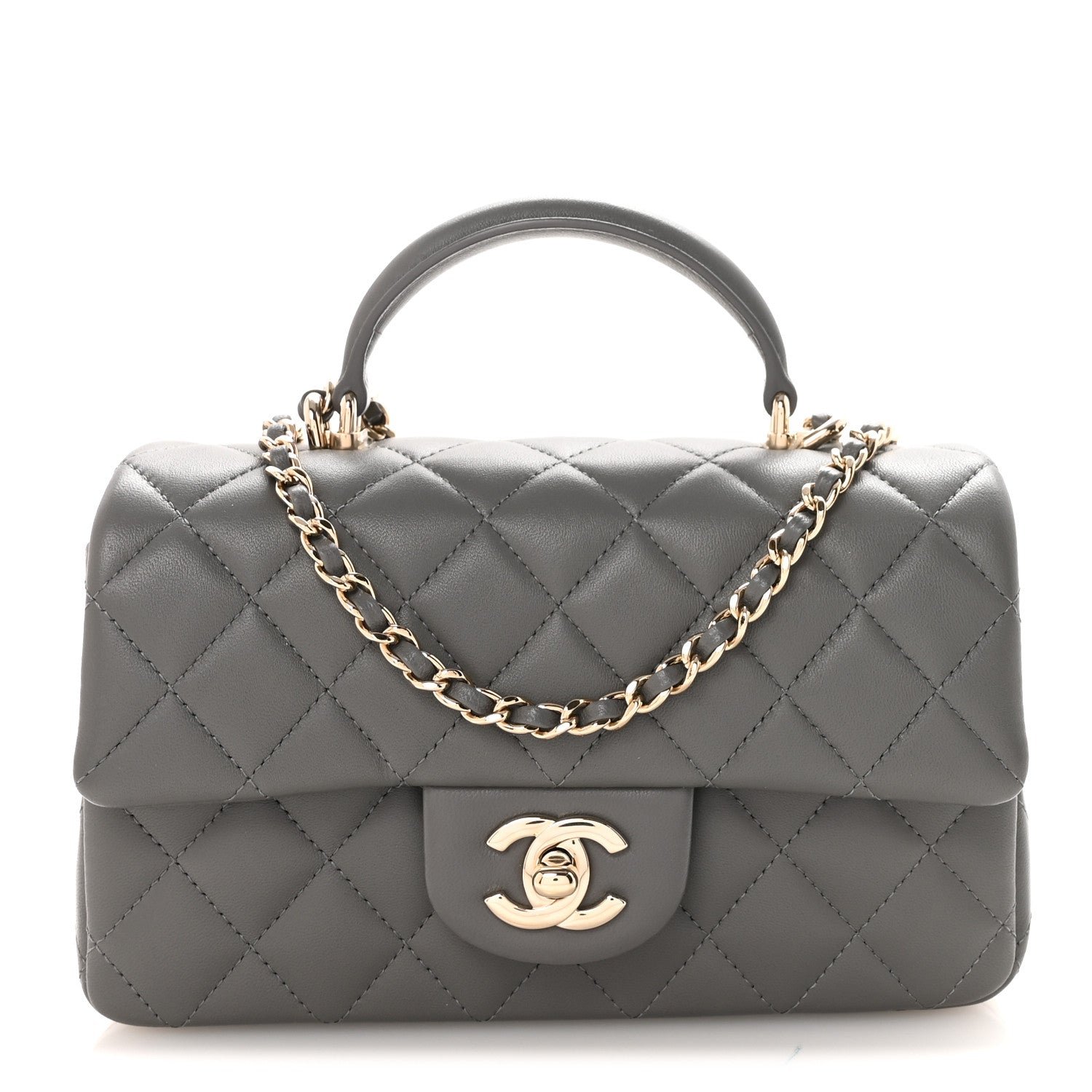 Chanel Lambskin Quilted Mini Top Handle Rectangular Flap Dark Grey