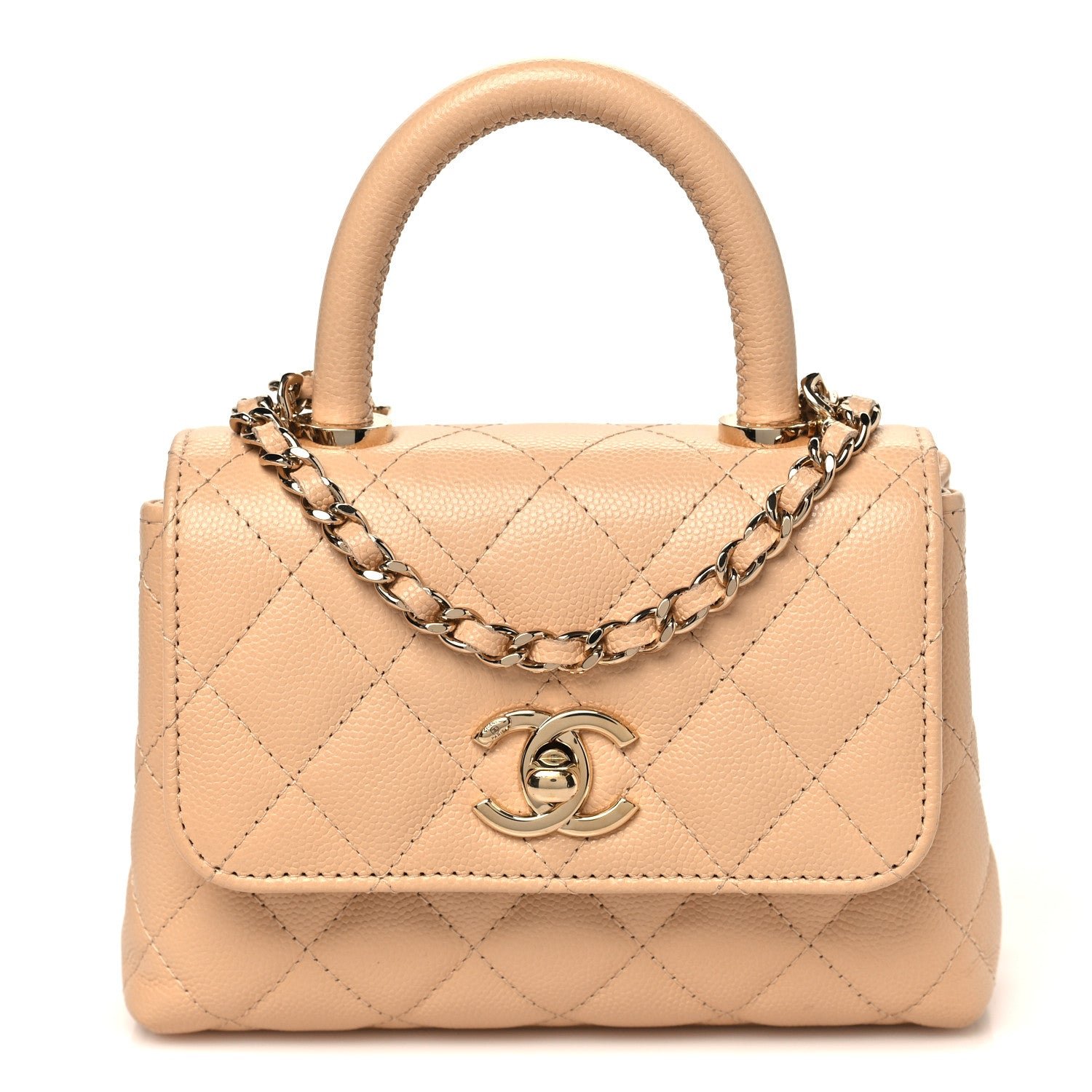 Chanel Caviar Quilted Coco Handle Clutch With Chain Beige