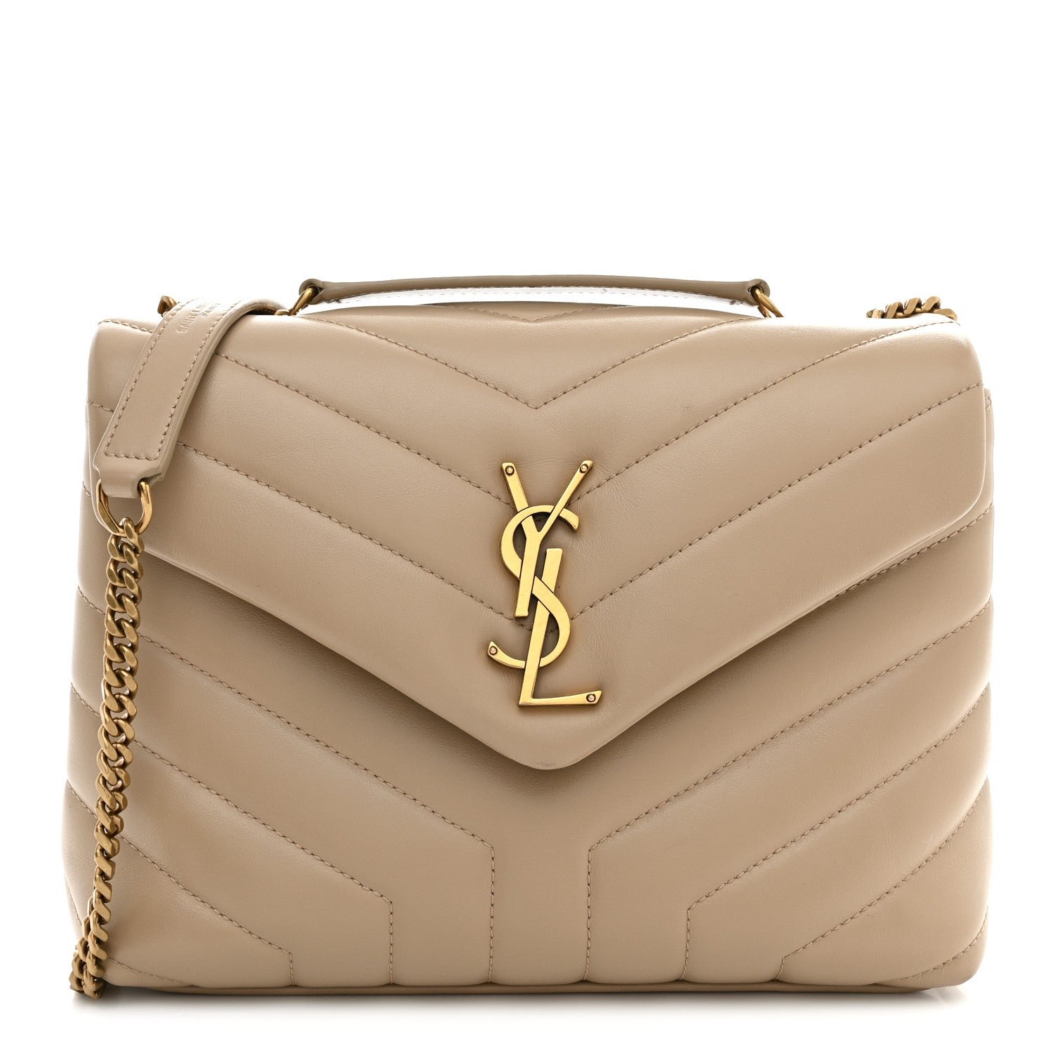Saint Laurent Calfskin Y Quilted Monogram Small Loulou Chain Satchel Dark Beige