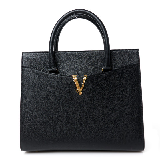 Versace Grained Calfskin Large Virtus Top Handle Shoulder Bag Black