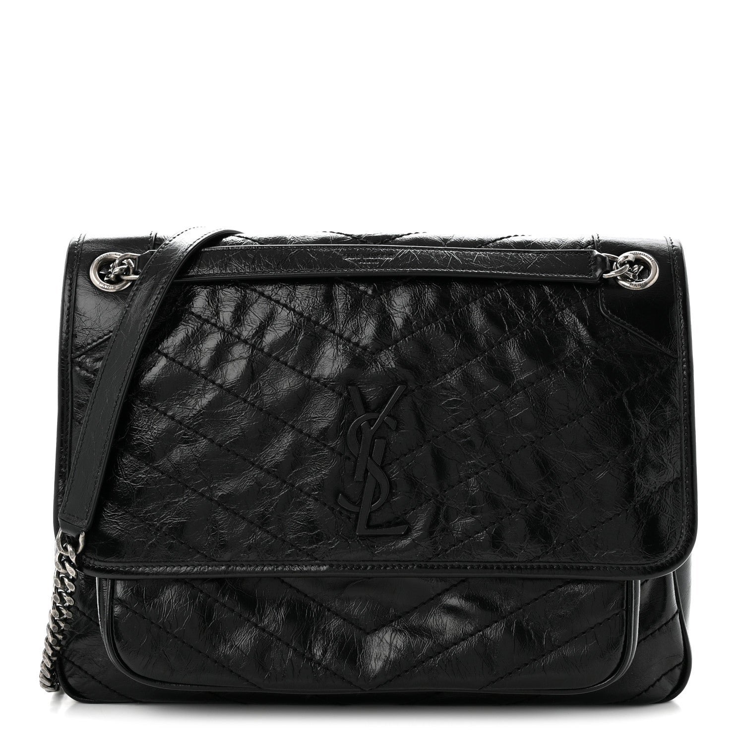 Saint Laurent Crinkled Calfskin Matelasse Monogram Large Niki Chain Satchel Black