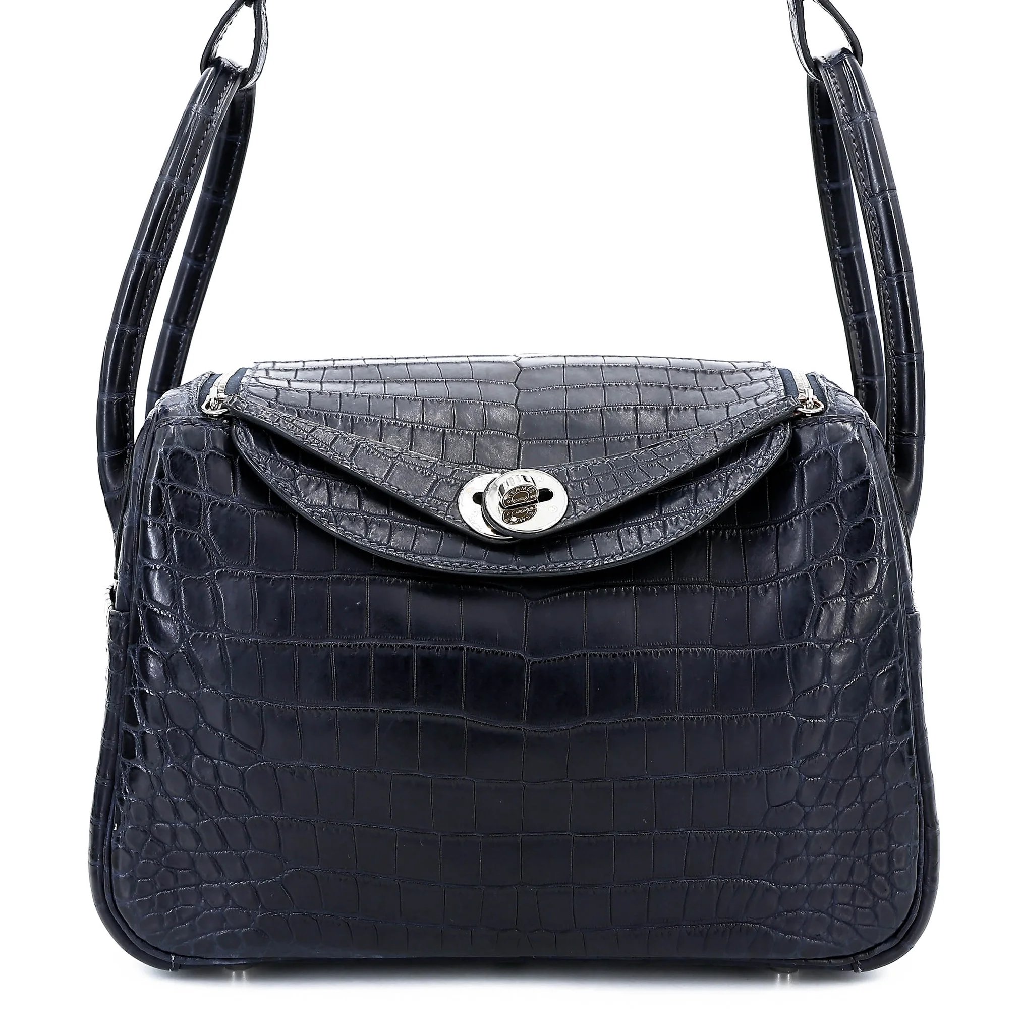 Very Good ( Rank A) HERMÈS Lindy 26 Bleu Indigo (76) Matte Niloticus Crocodile Palladium hardware X (2016)