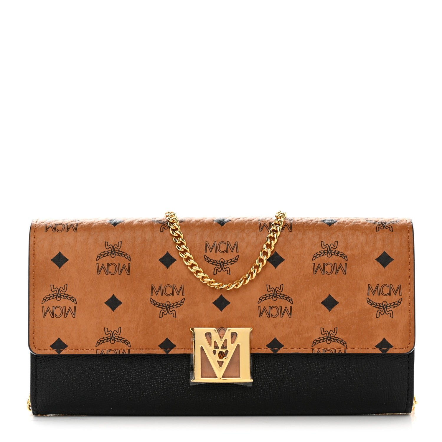MCM Visetos Calfskin Large Mena Crossbody Wallet On Chain Cognac Black
