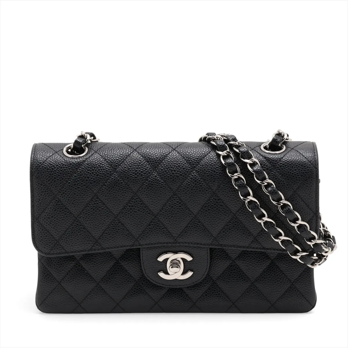 Chanel Matelasse 23 Small Caviar Skin Double Flap Double Chain Bag Black Silver