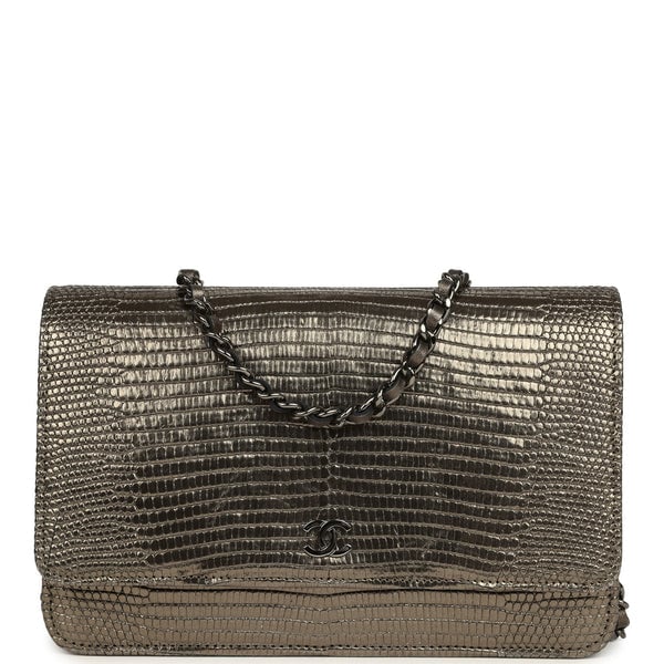 Pre-owned Chanel Wallet On Chain WOC Anthracite Lizard Ruthenium Hardware
