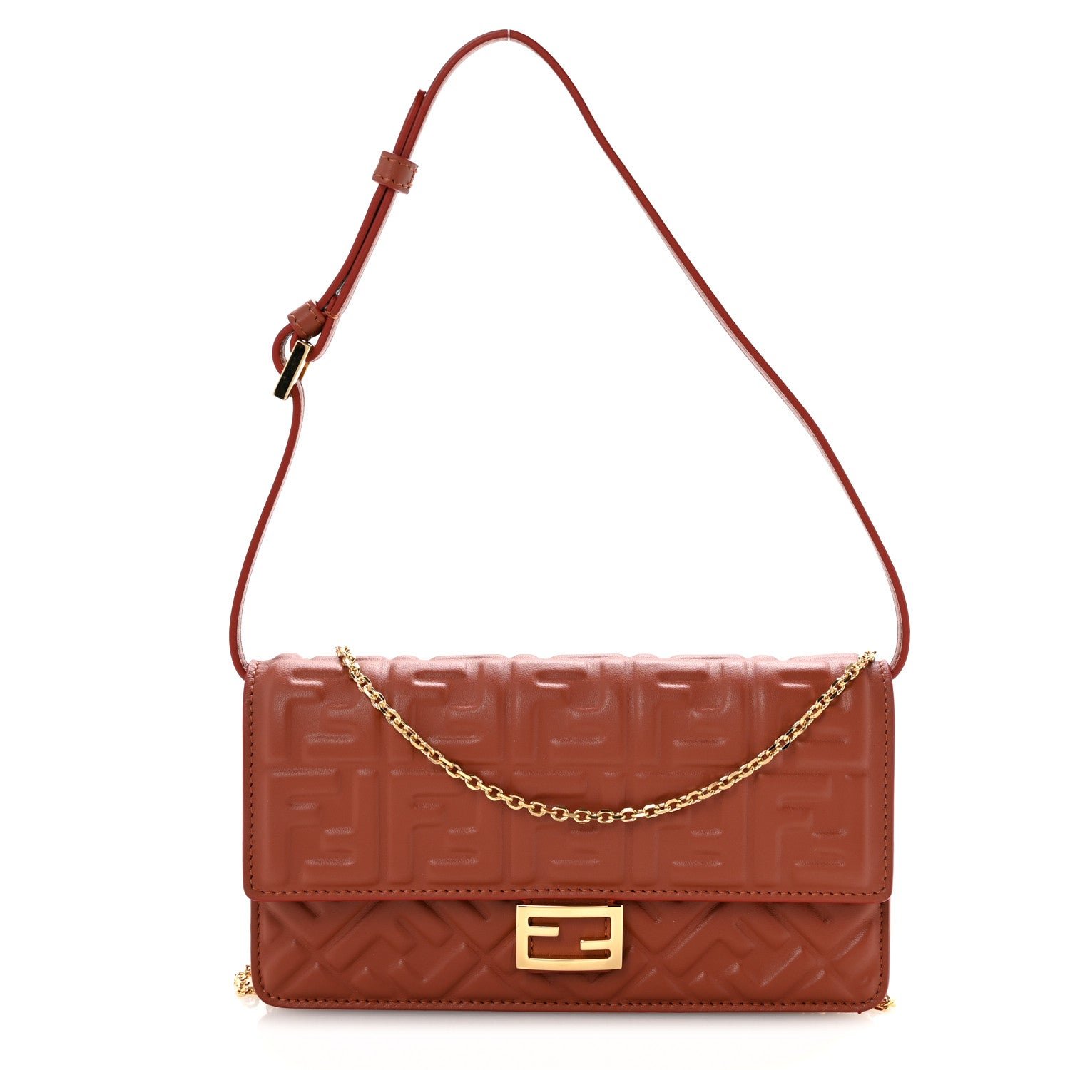 Fendi Nappa Matisse FF Embossed Wallet On Chain Baguette Sienna
