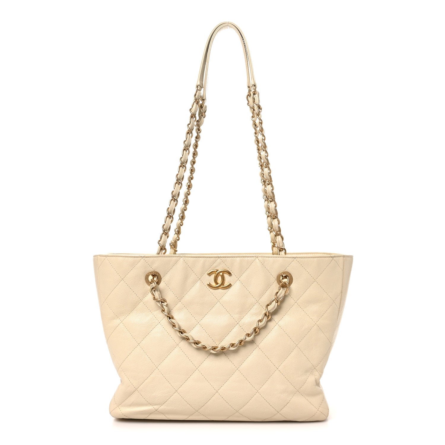 Chanel Caviar Quilted Small Trapezoid Chain Shopping Tote Ivory