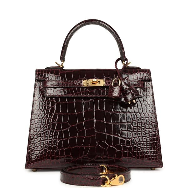 Hermes Hermes Kelly Sellier 25 Bordeaux Shiny Alligator Gold Hardware