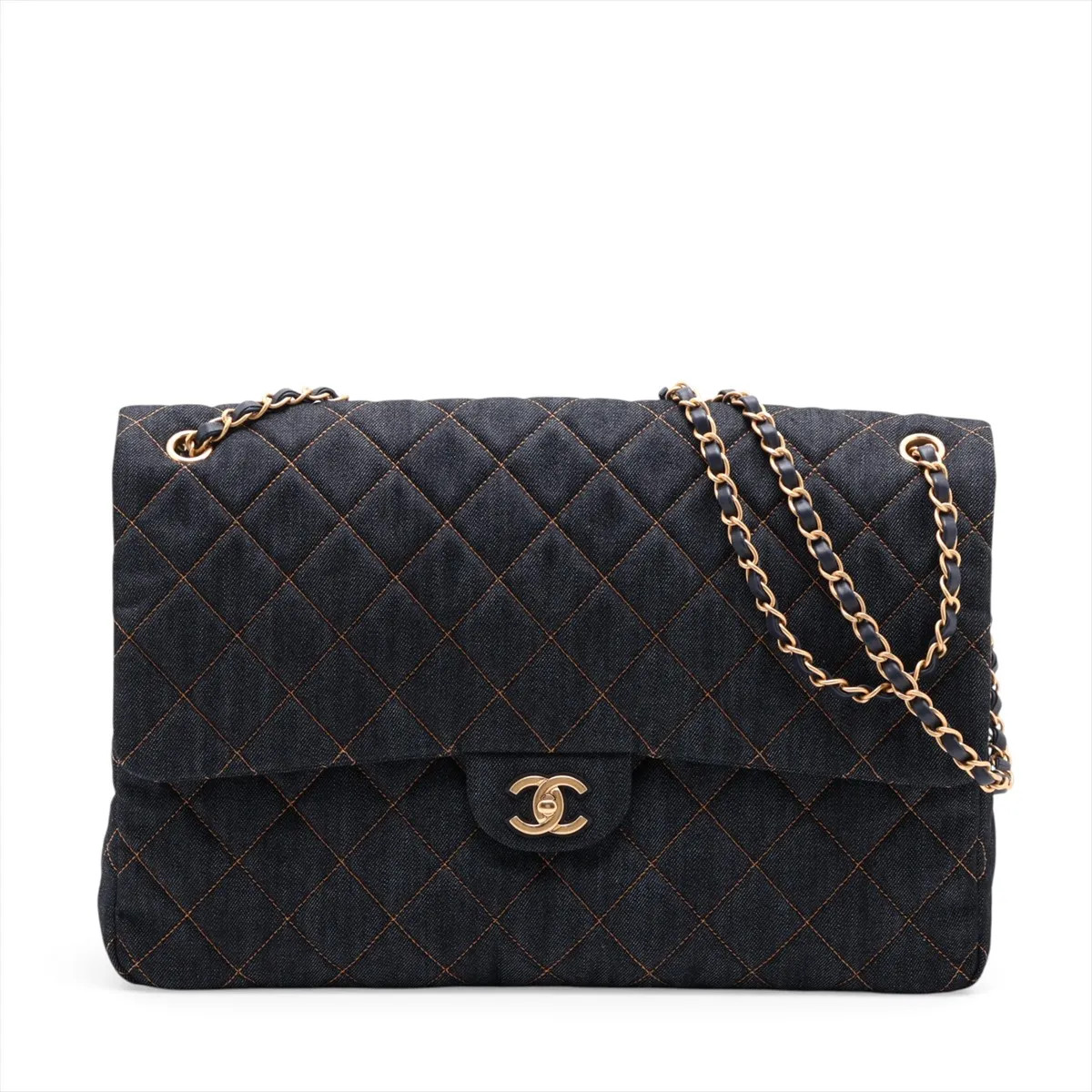 Chanel Big Matelasse Denim Single Flap Double Chain Bag Navy Blue Gold Metal Fit