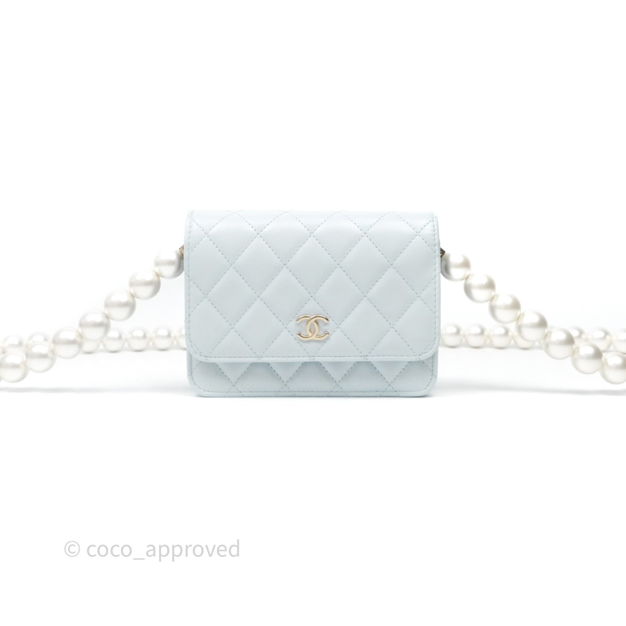 Chanel Quilted Large Pearl Mini Wallet On Chain WOC Blue Lambskin Gold Hardware